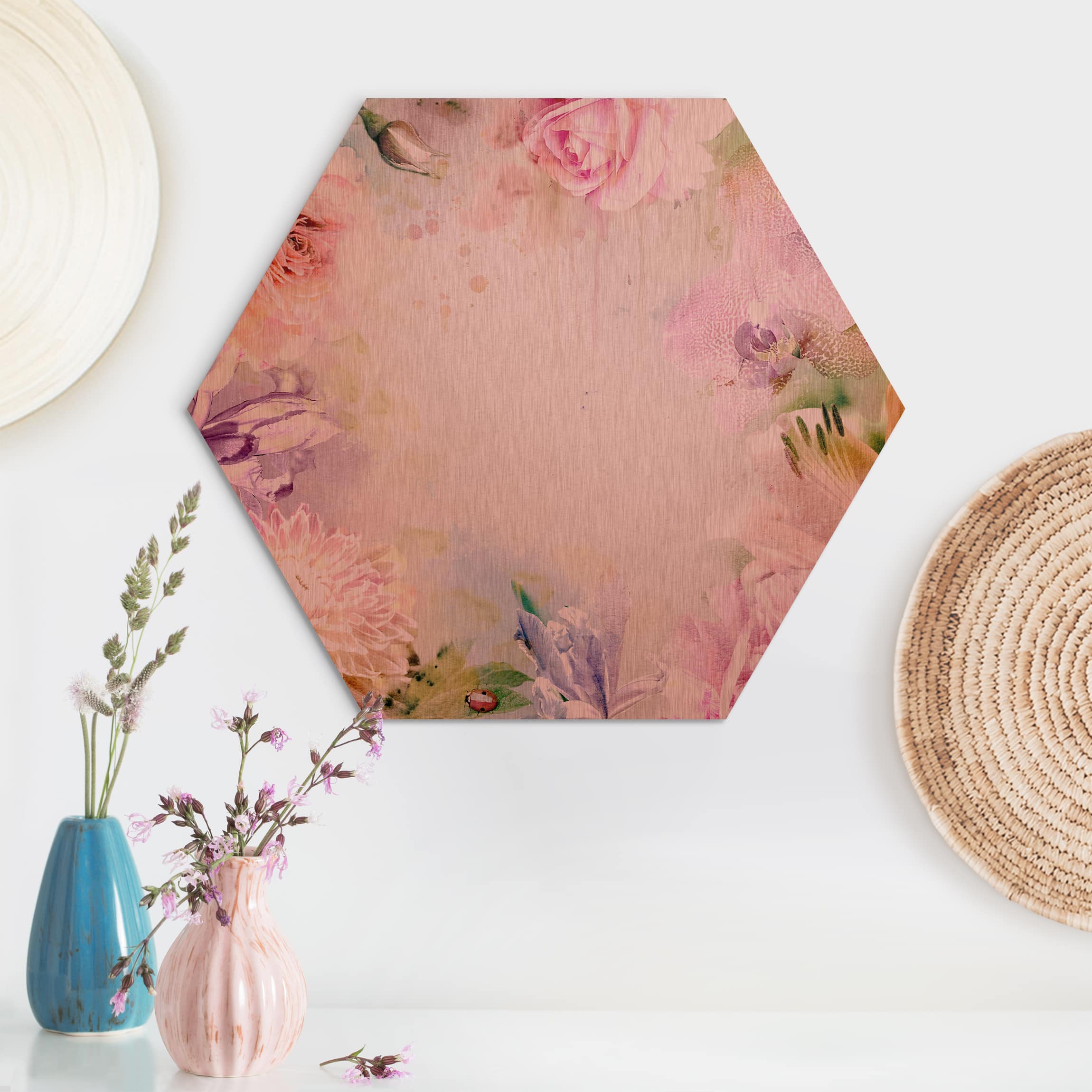 Hexagon-Alu-Dibond Bild Aquarell Blütenmix Pastell