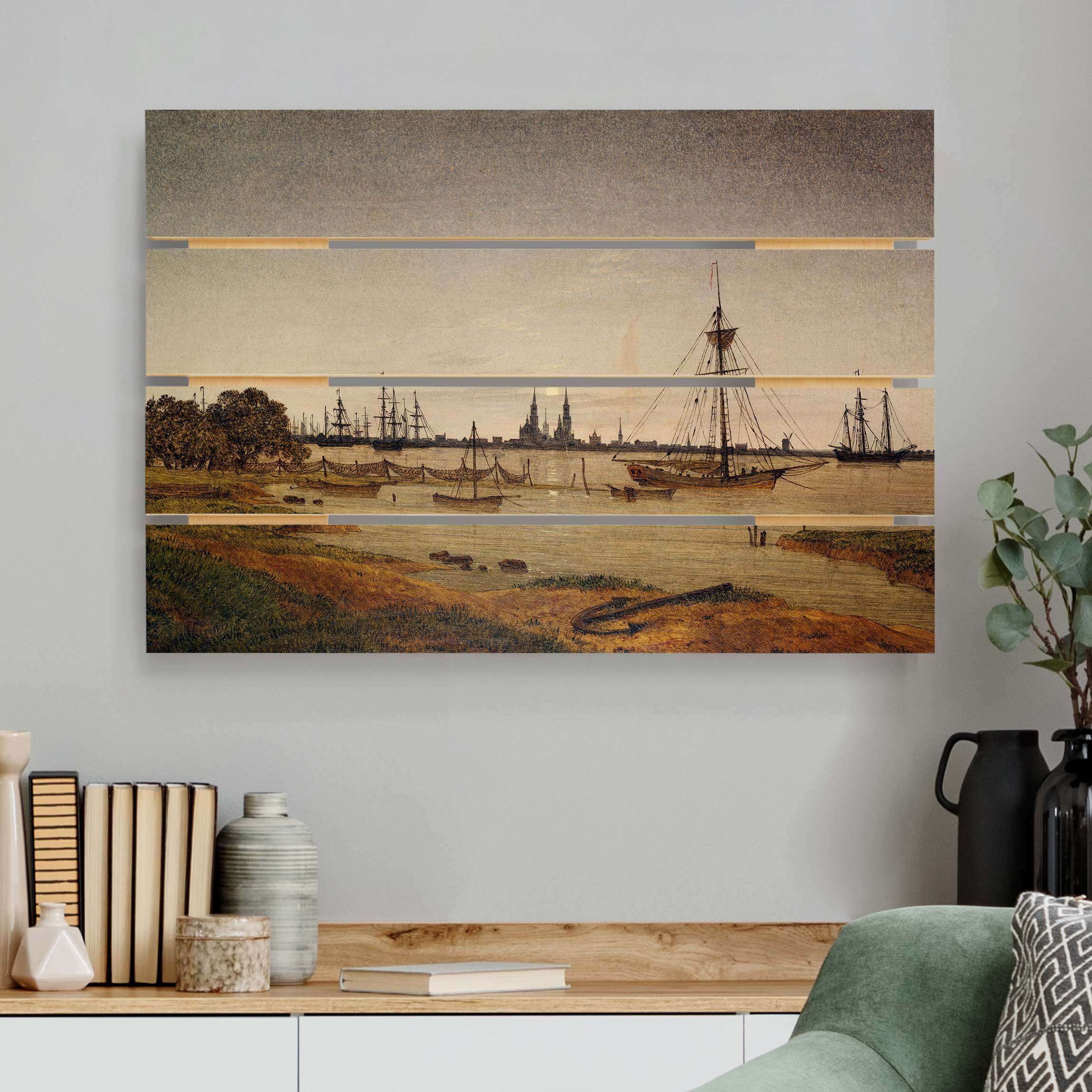 Holzbild Plankenoptik - Querformat Caspar David Friedrich - Hafen bei Mondschein