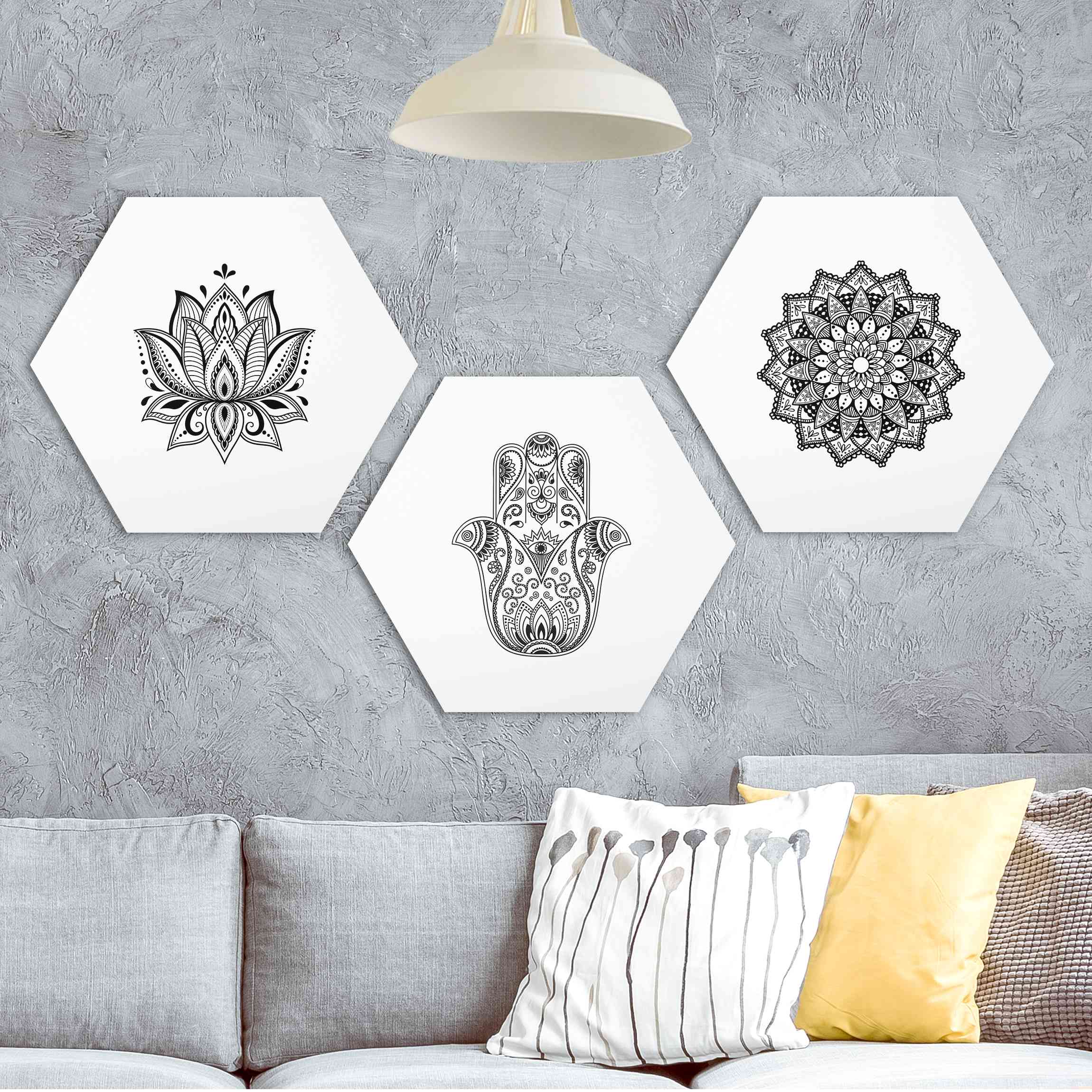 3-teiliges Hexagon-Forexbild Mandala Hamsa Hand Lotus Set auf Weiß