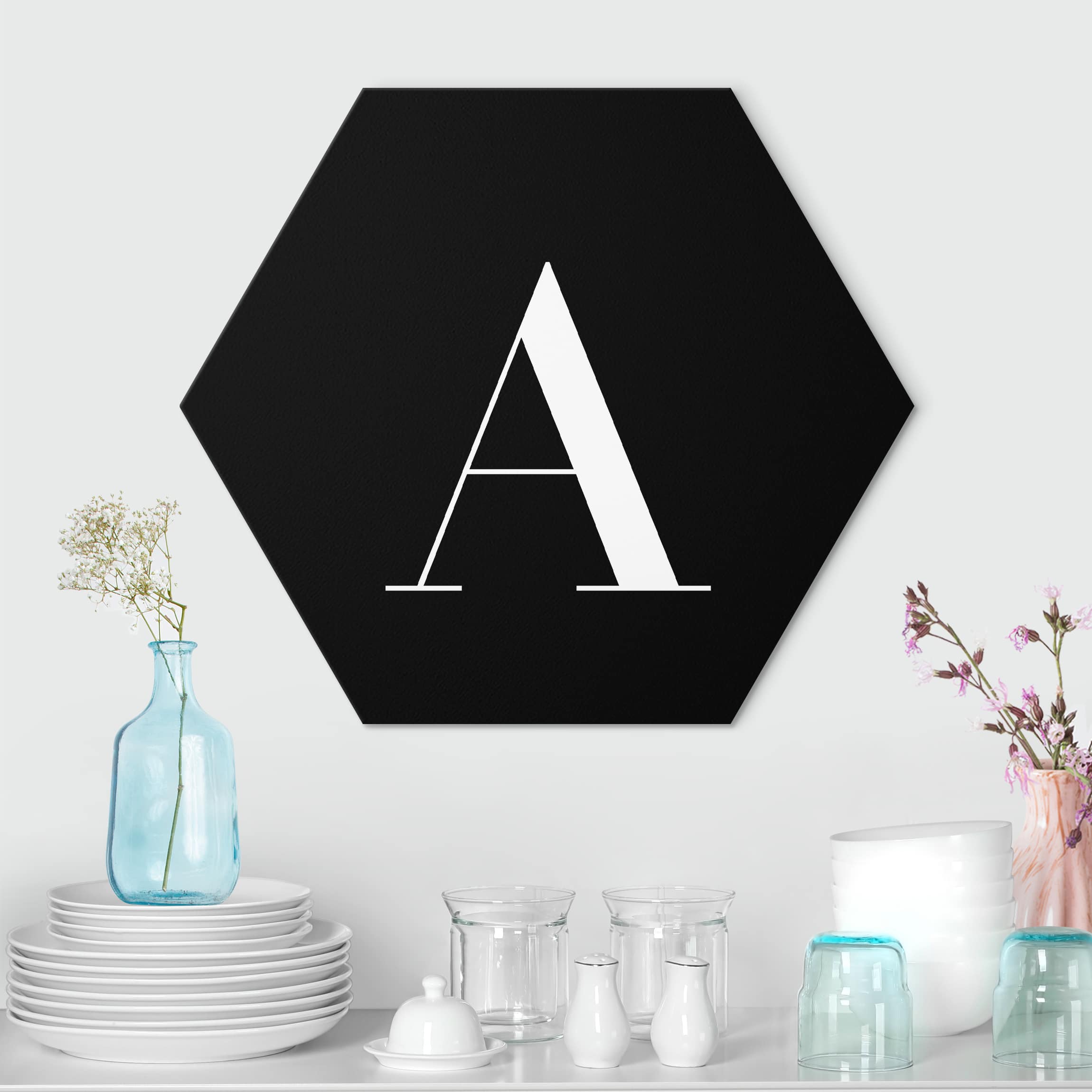 Hexagon-Alu-Dibond Bild Buchstabe Serif Schwarz A