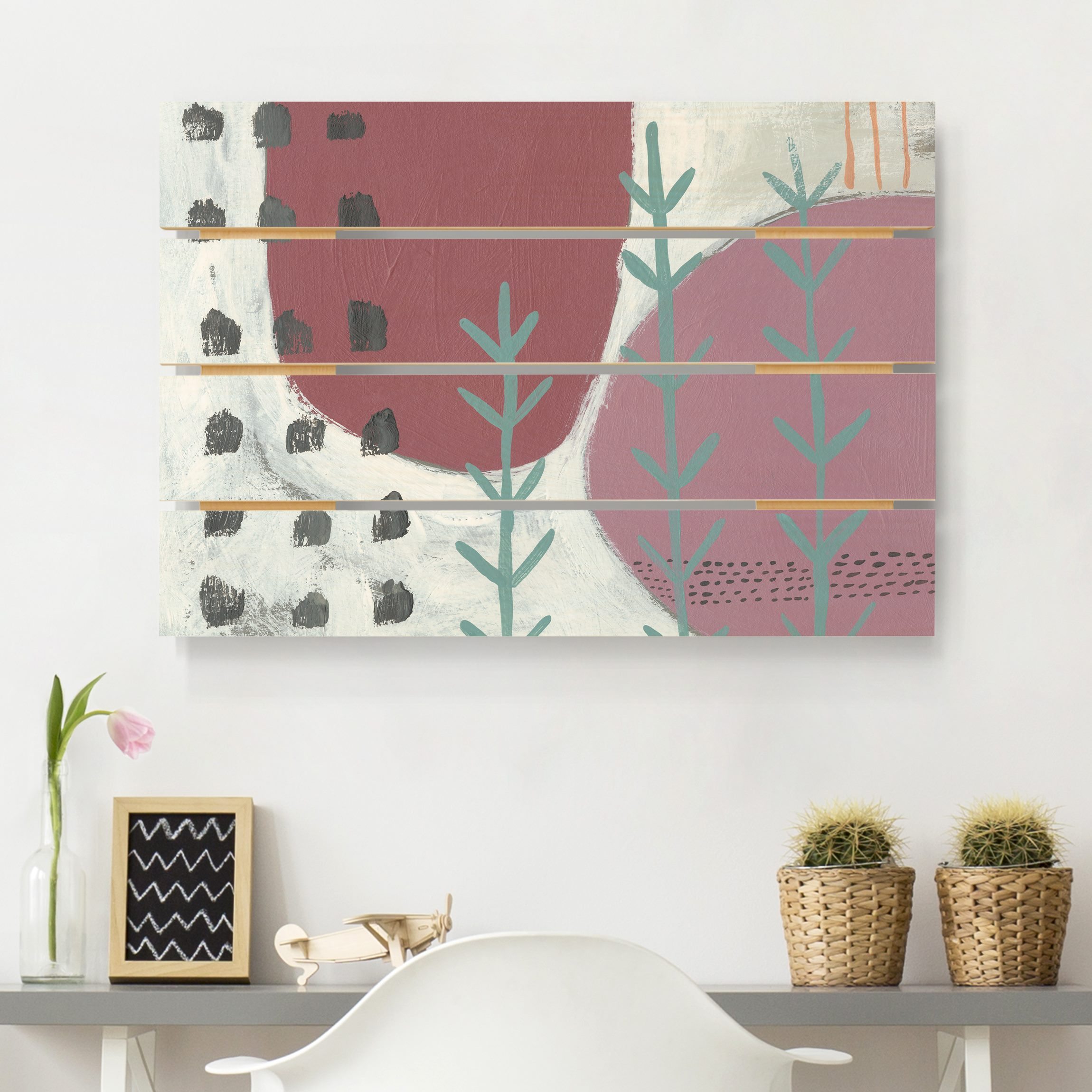 Holzbild Plankenoptik - Querformat Karneval der Formen in Beere III