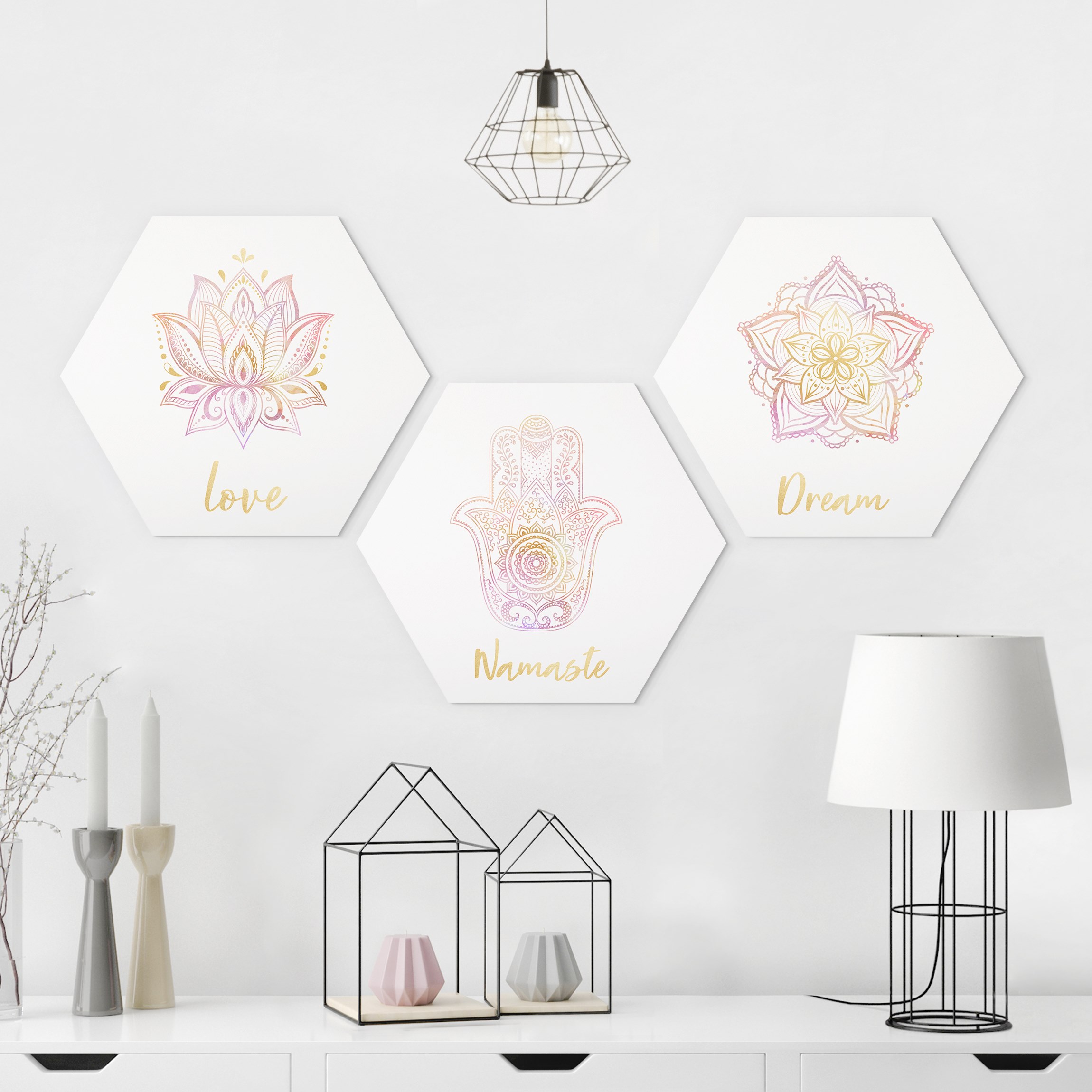 3-teiliges Hexagon-Alu-Dibond Bild Mandala Namaste Lotus Set Gold Rosa