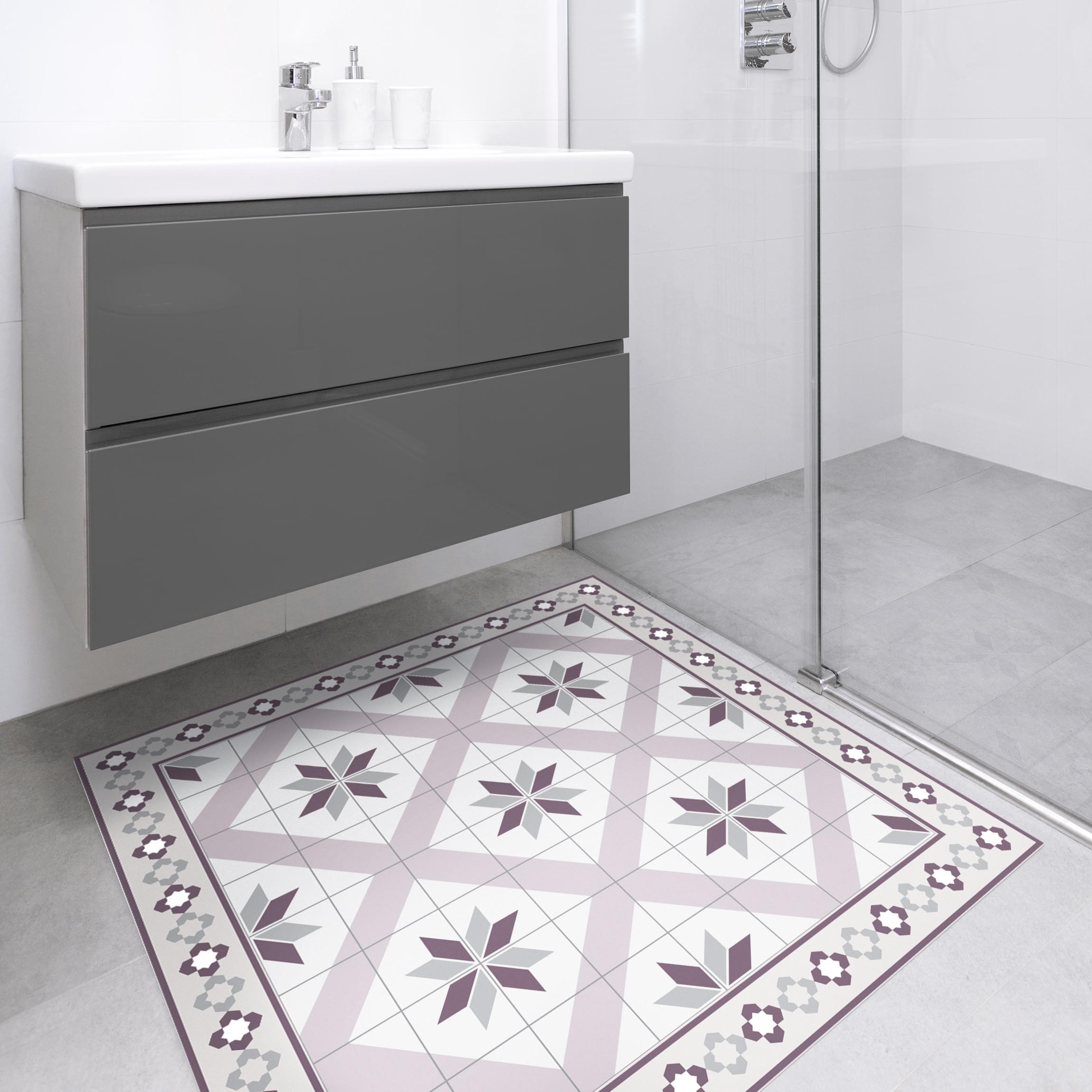 Vinylteppich Geometrische Fliesen Rautenblüte Flieder mit Bordüre