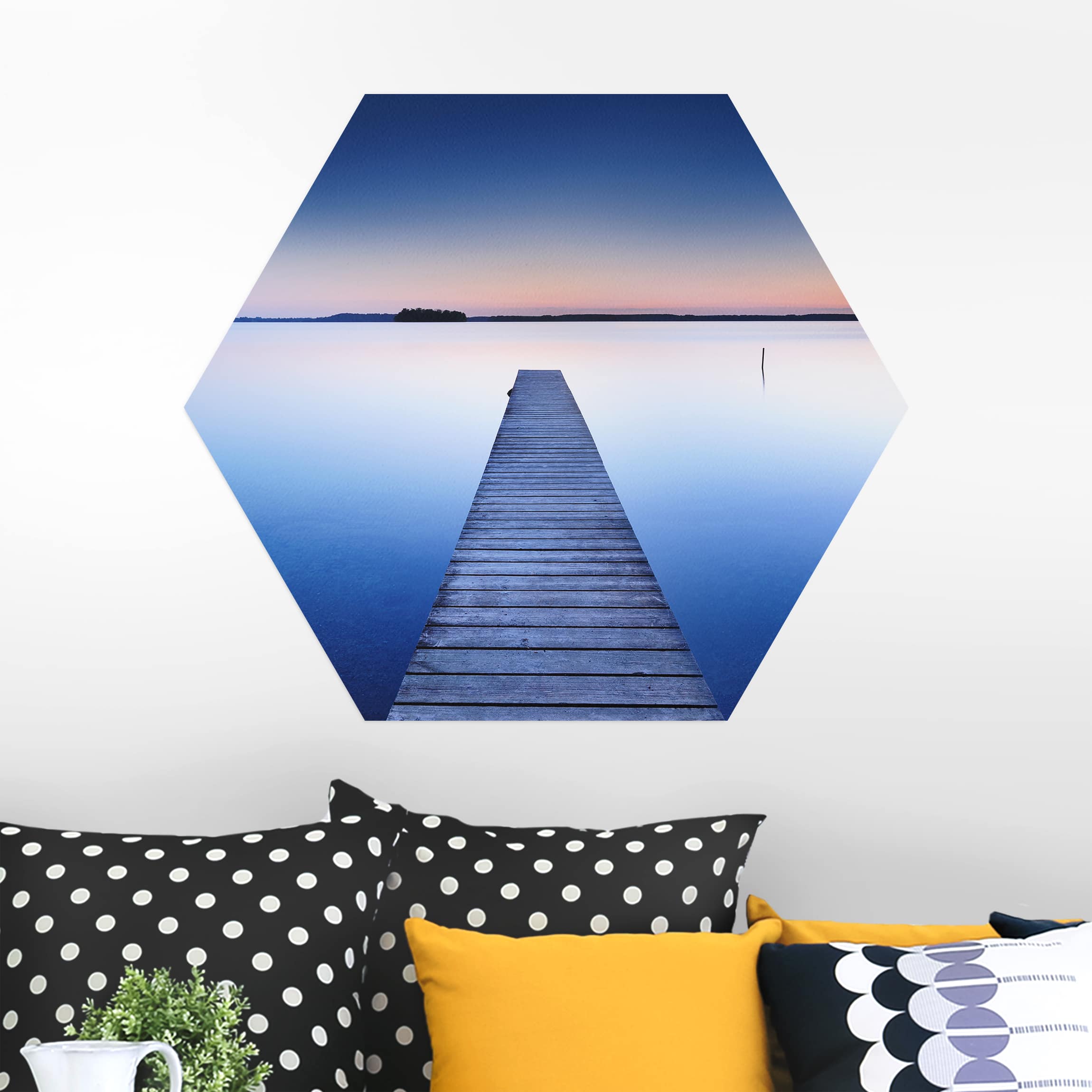 Hexagon-Alu-Dibond Bild Flusssteg bei Sonnenuntergang