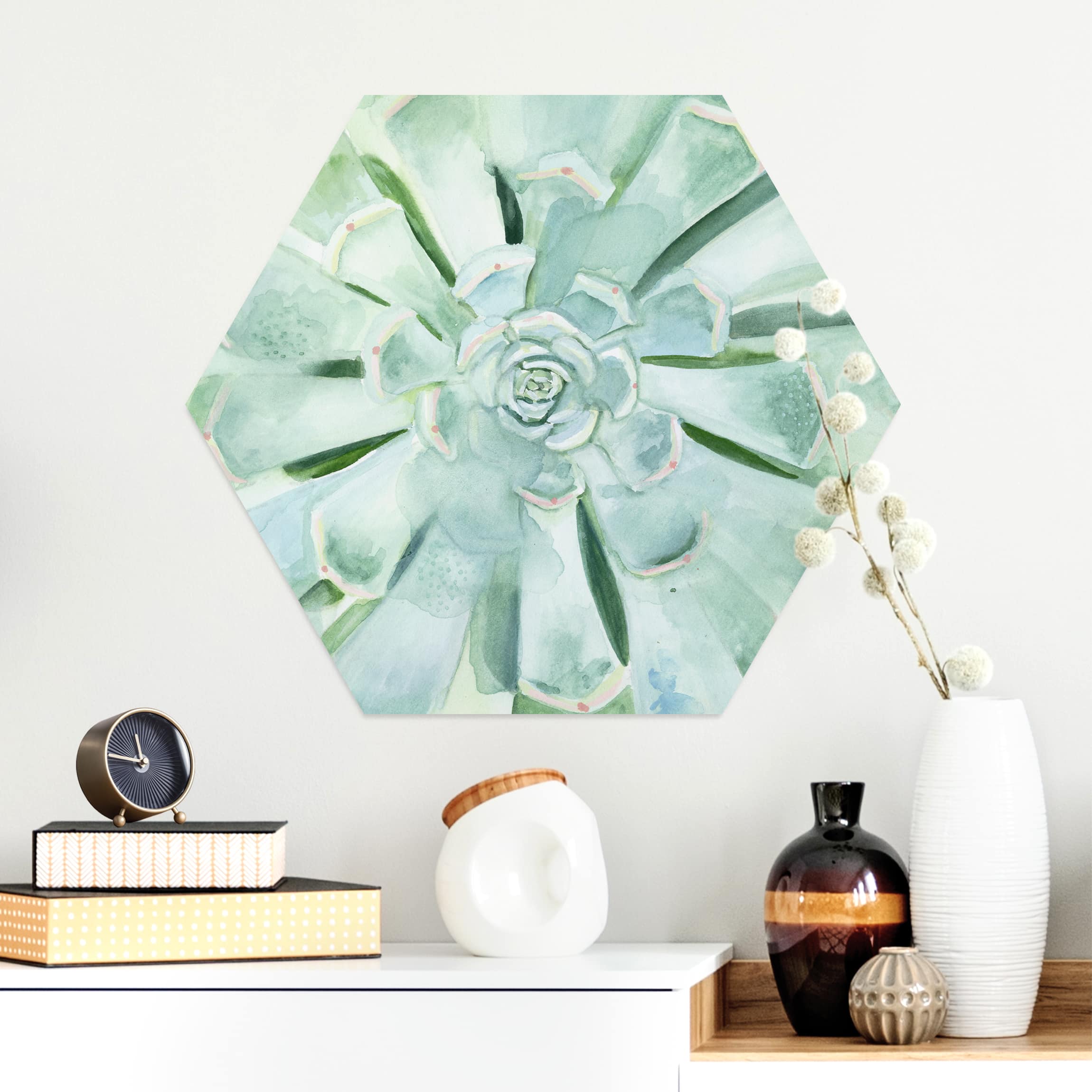 Hexagon-Alu-Dibond Bild Sukkulente Aquarell Hell