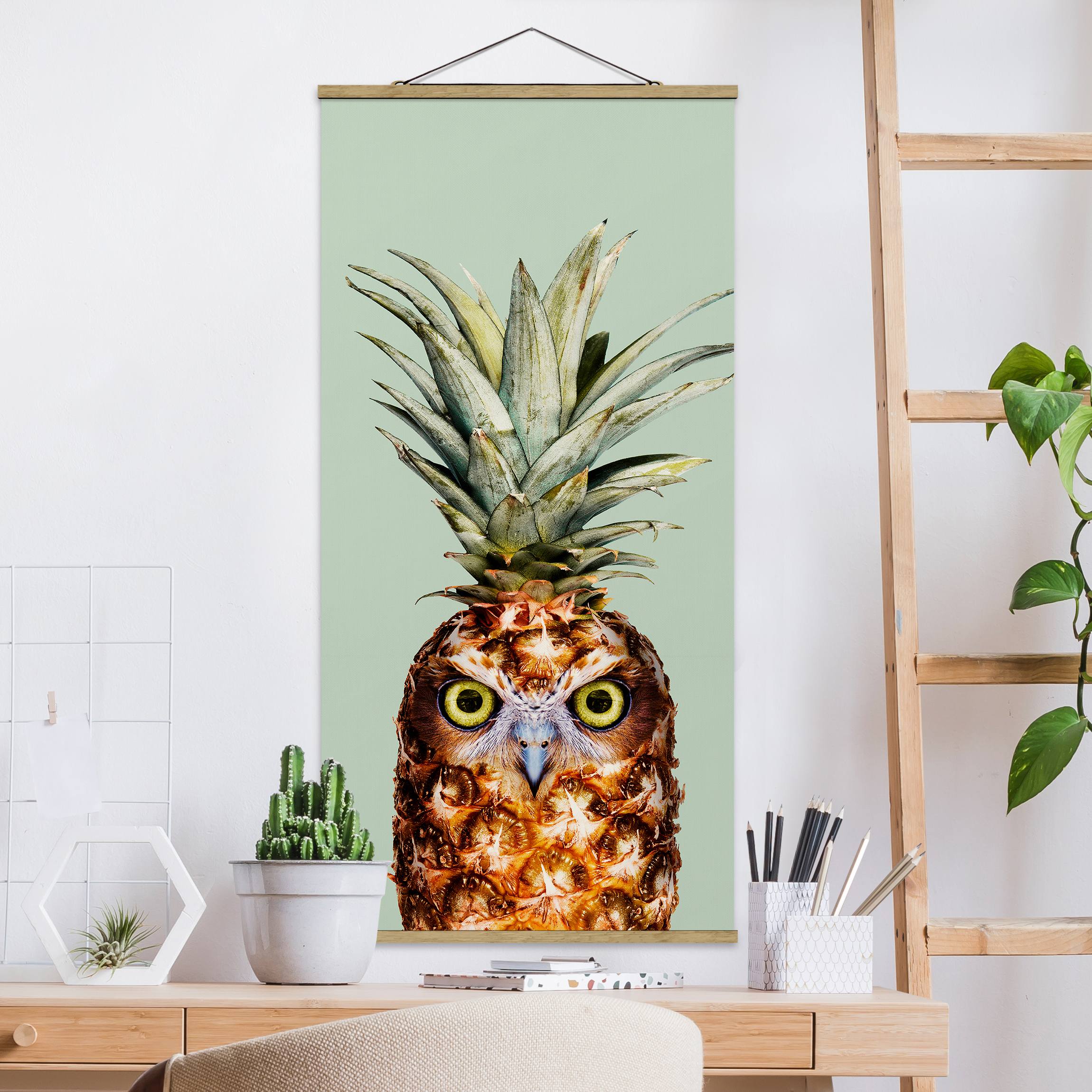 Stoffbild mit Posterleisten Ananas mit Eule