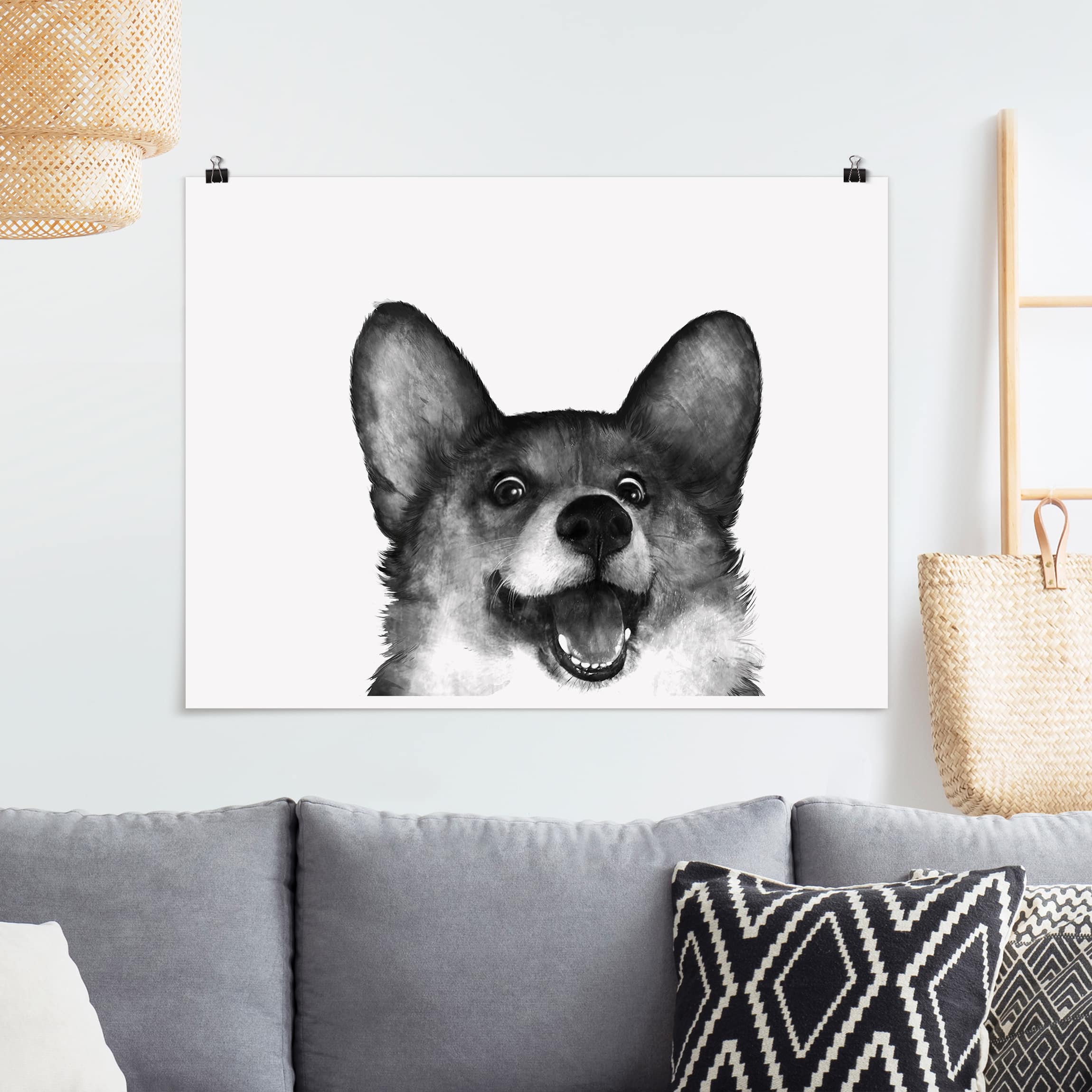 Poster - Querformat Illustration Hund Corgi Weiß Schwarz Malerei