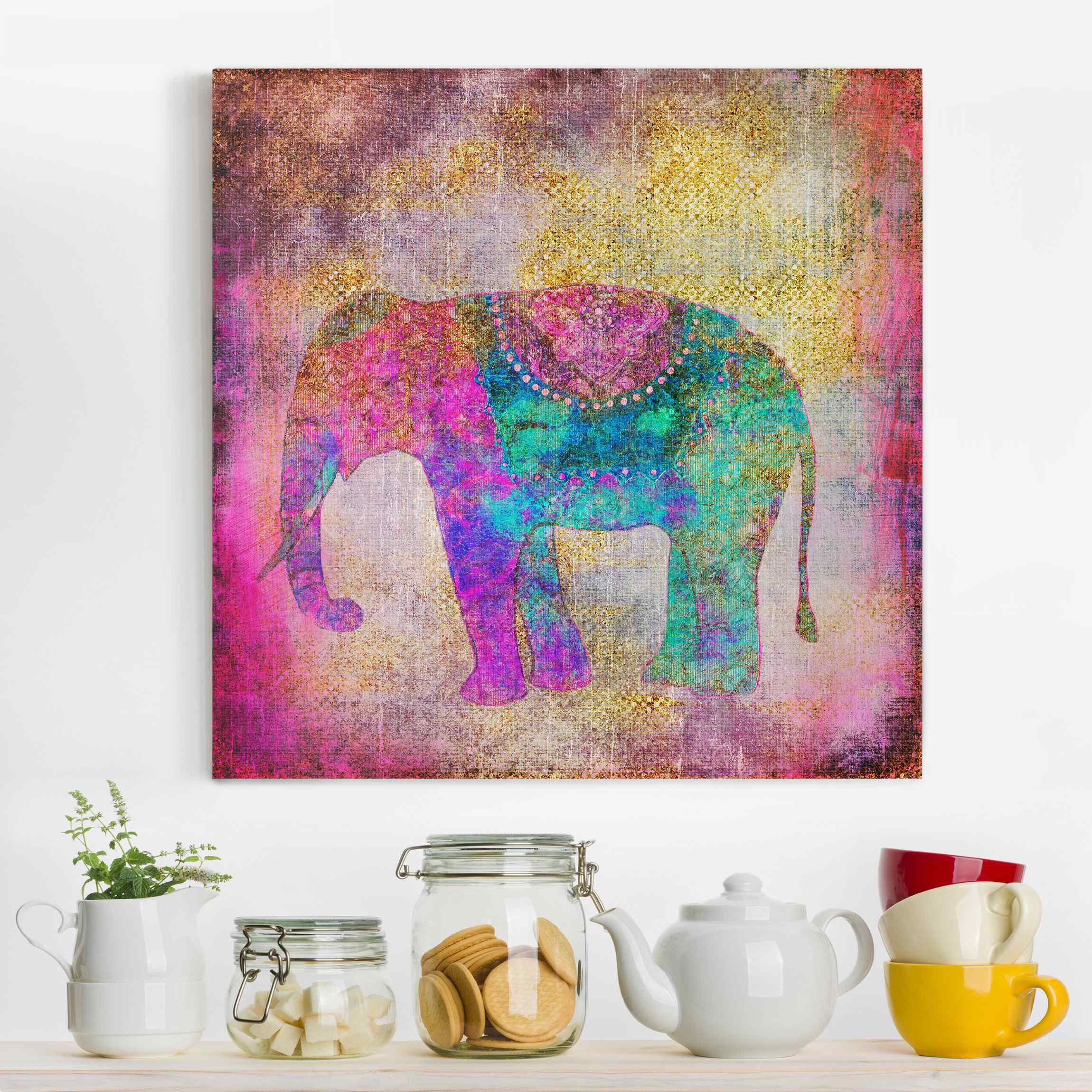 Leinwandbild Bunte Collage - Indischer Elefant
