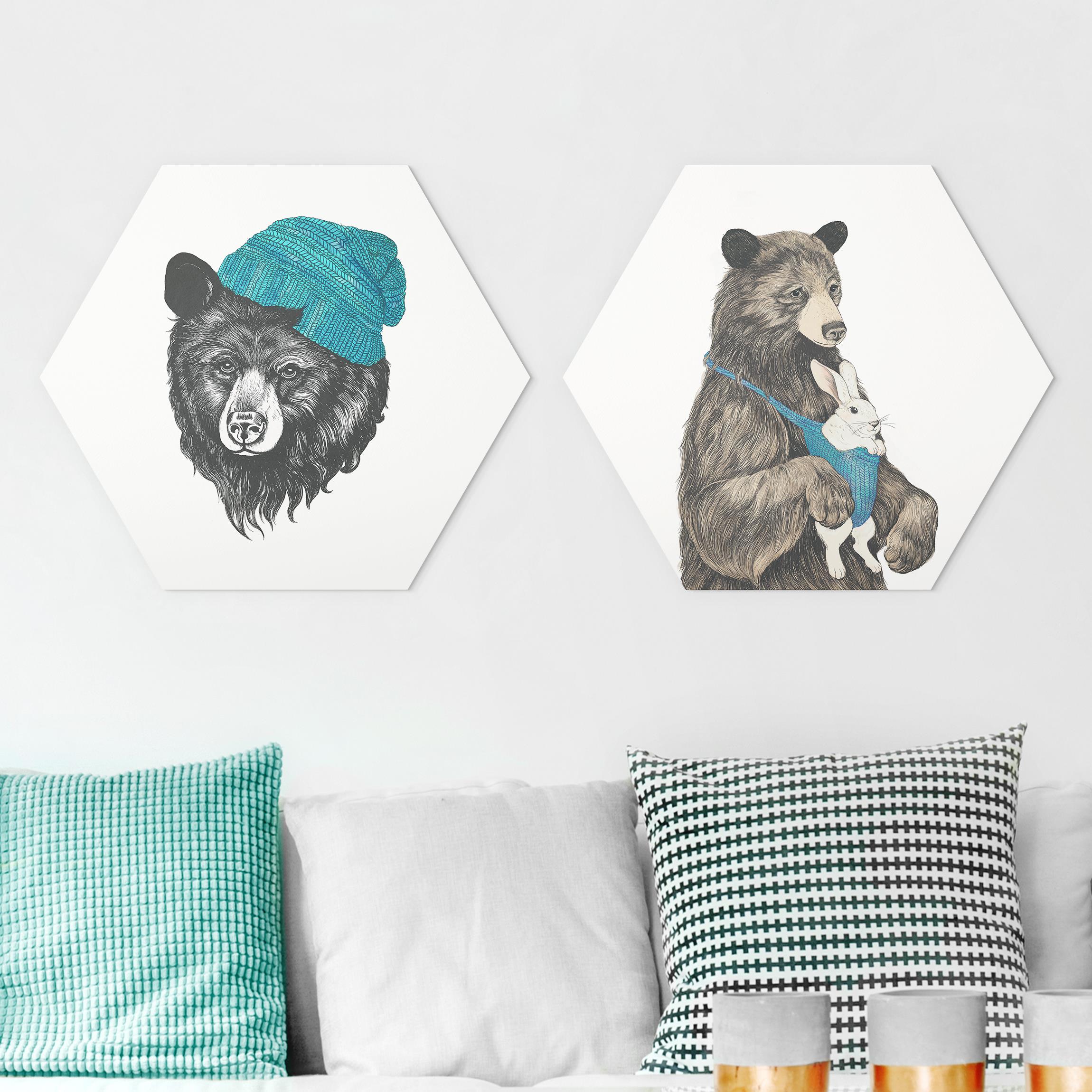 2-teiliges Hexagon-Alu-Dibond Bild Bären Paar
