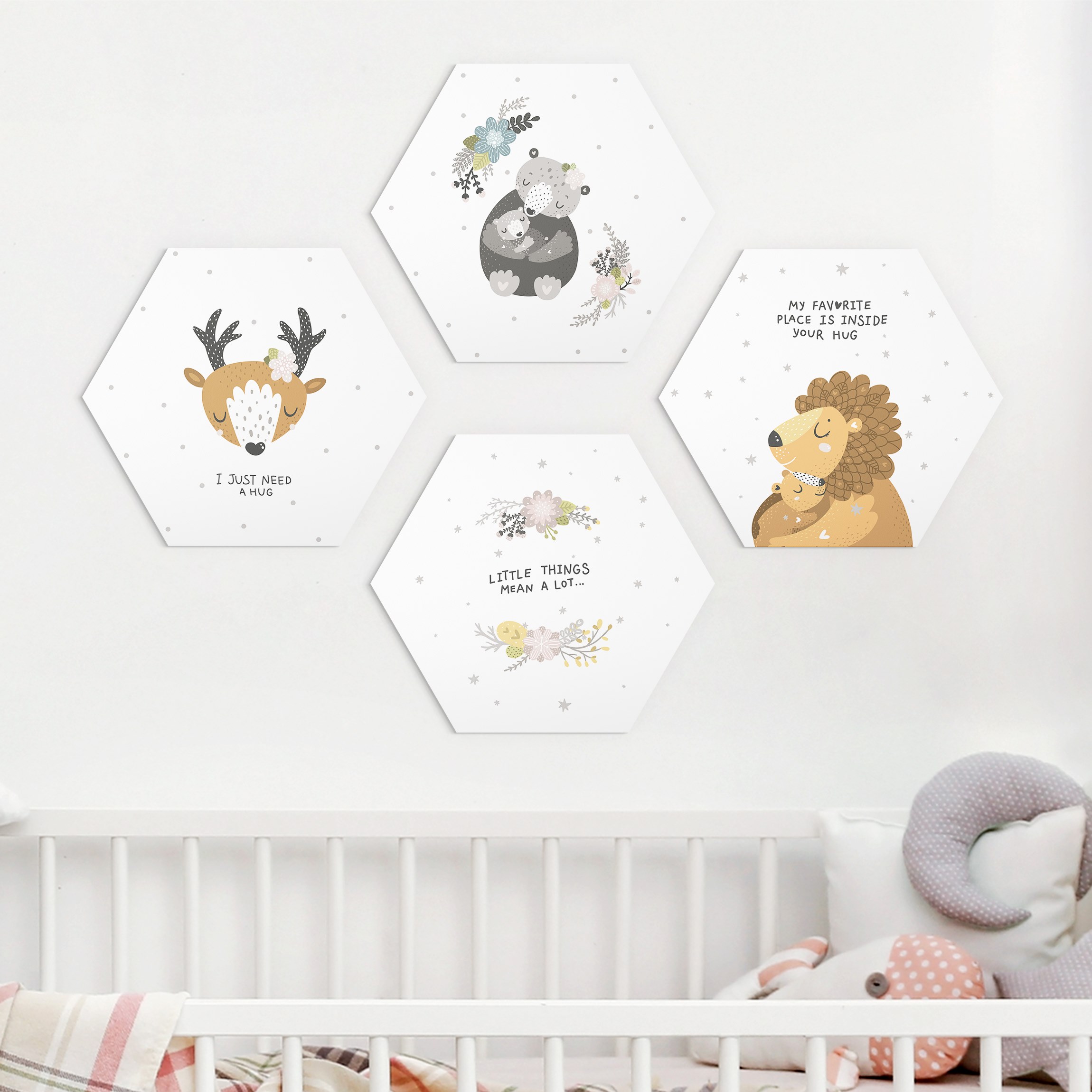 4-teiliges Hexagon-Alu-Dibond Bild I just need a hug Set III