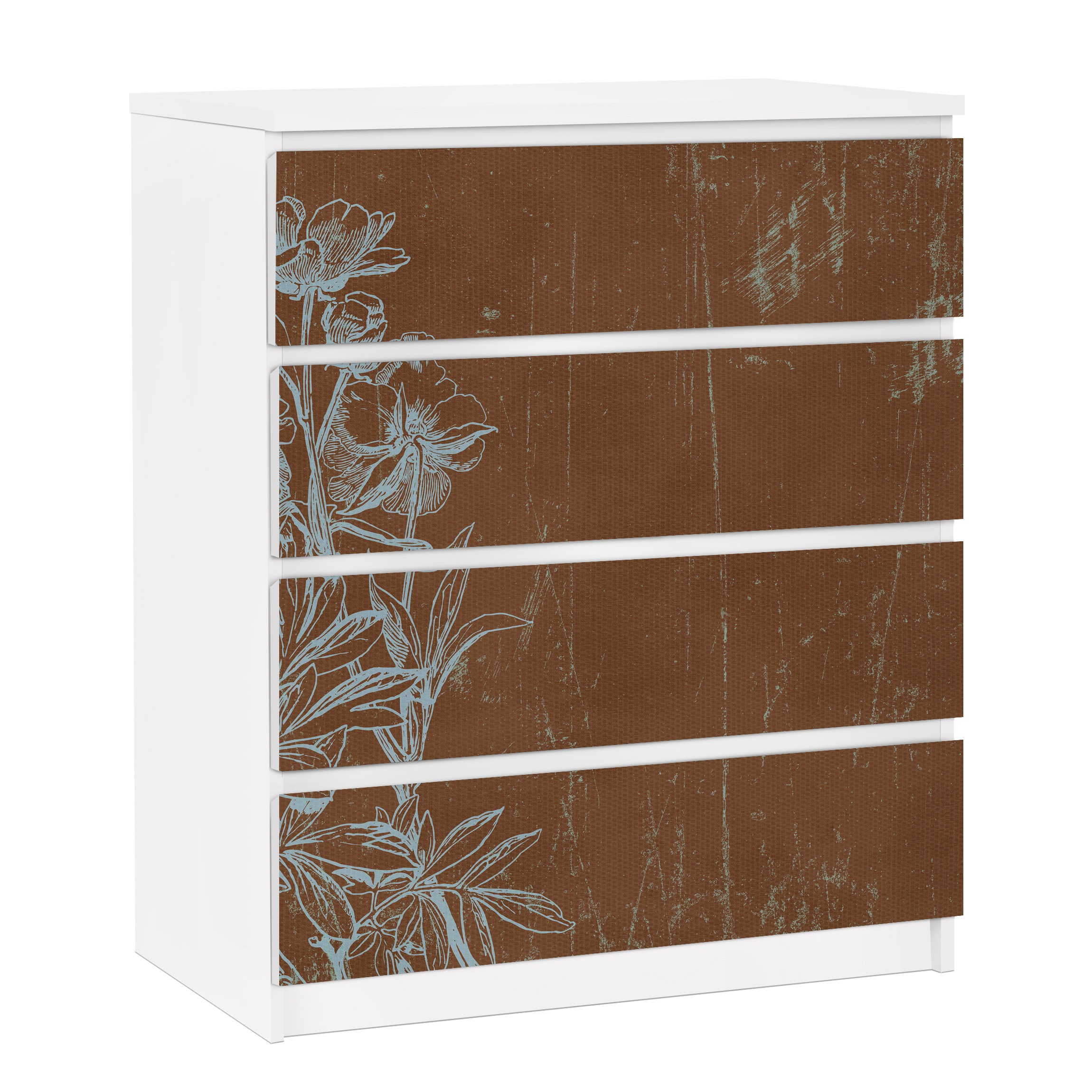 Möbelfolie für IKEA Malm Kommode 4 Schubladen Blaue Blumenskizze