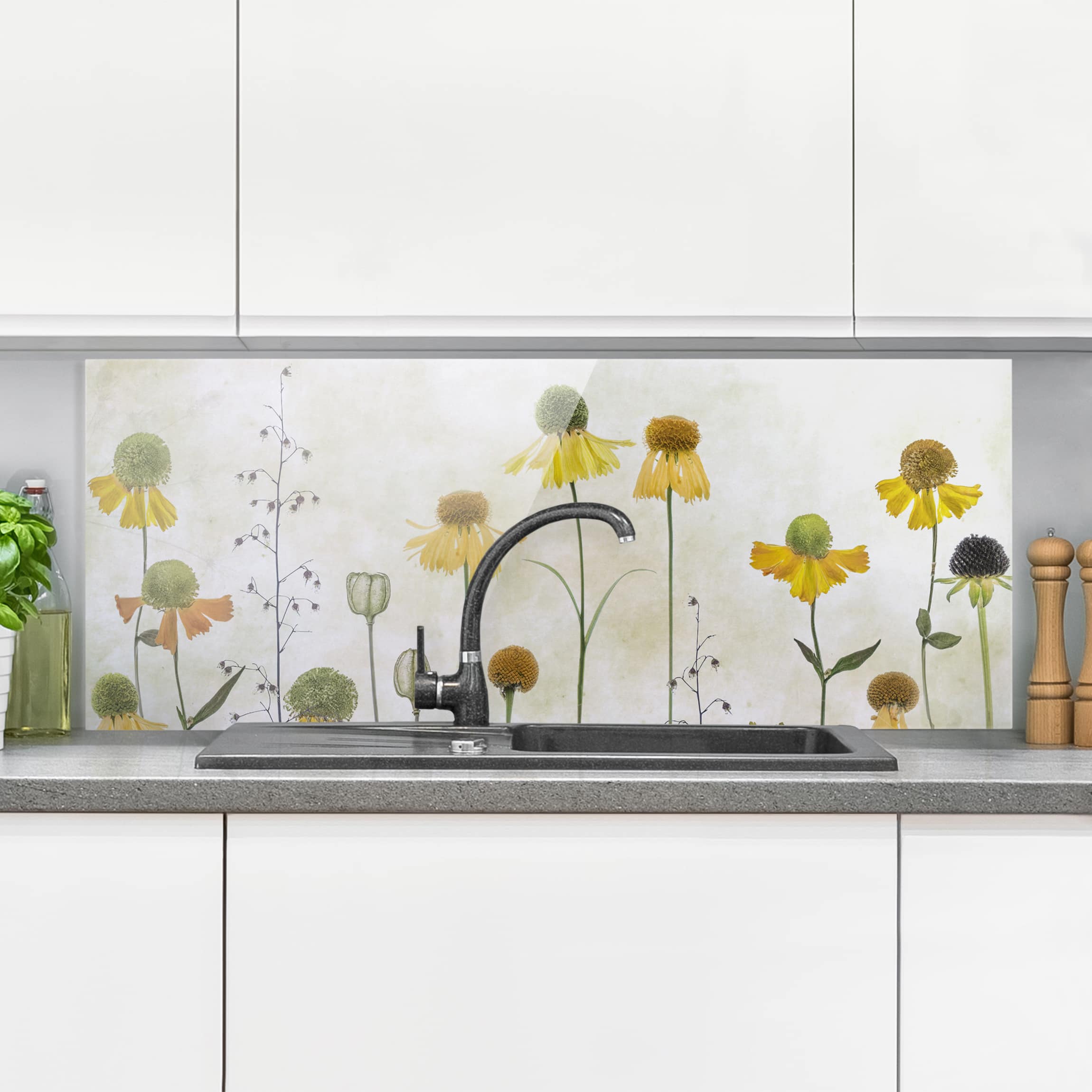 Glas Spritzschutz - Panorama Zarte Helenium Blüten