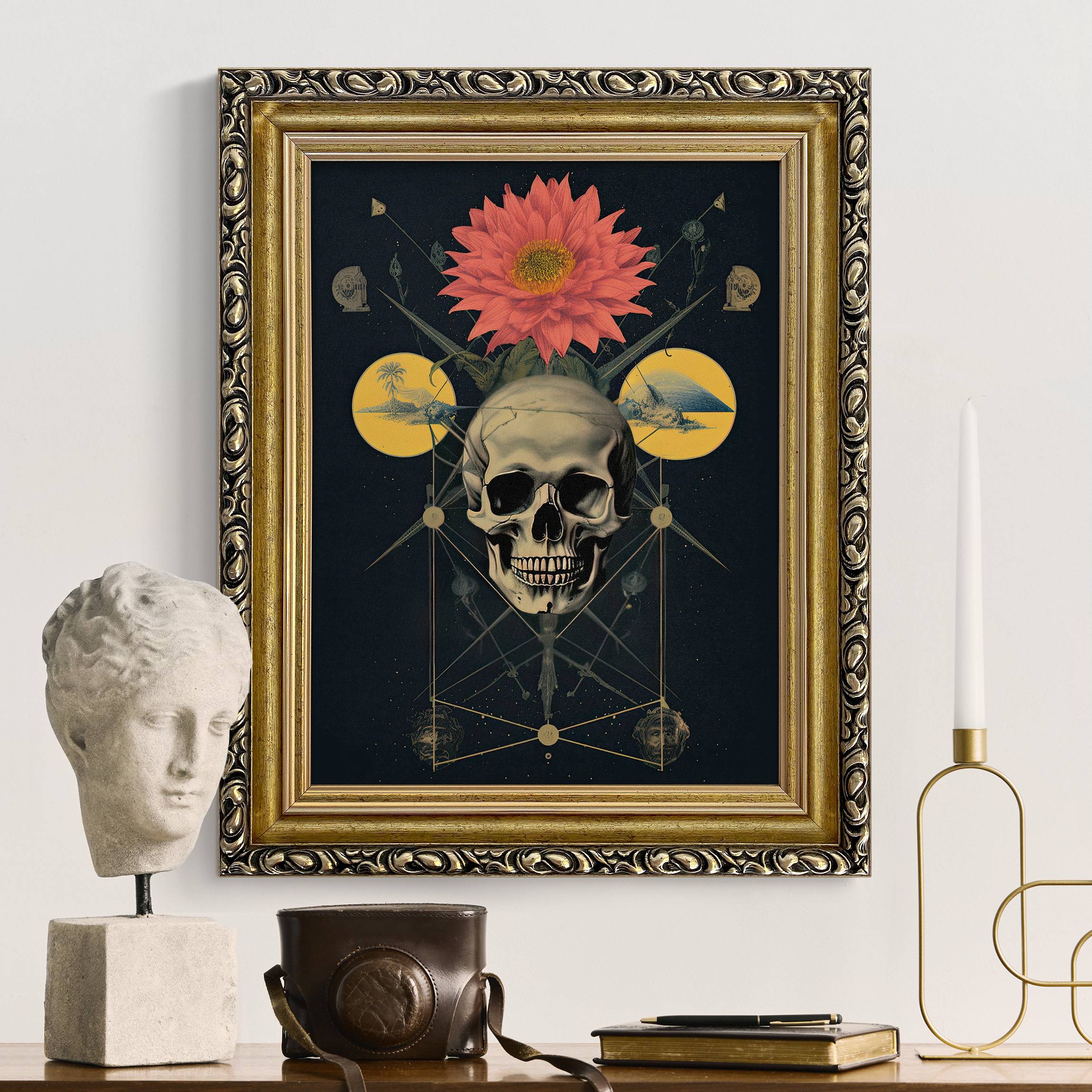 Leinwandbild mit Barockrahmen Alchemie Totenkopf mit Blume