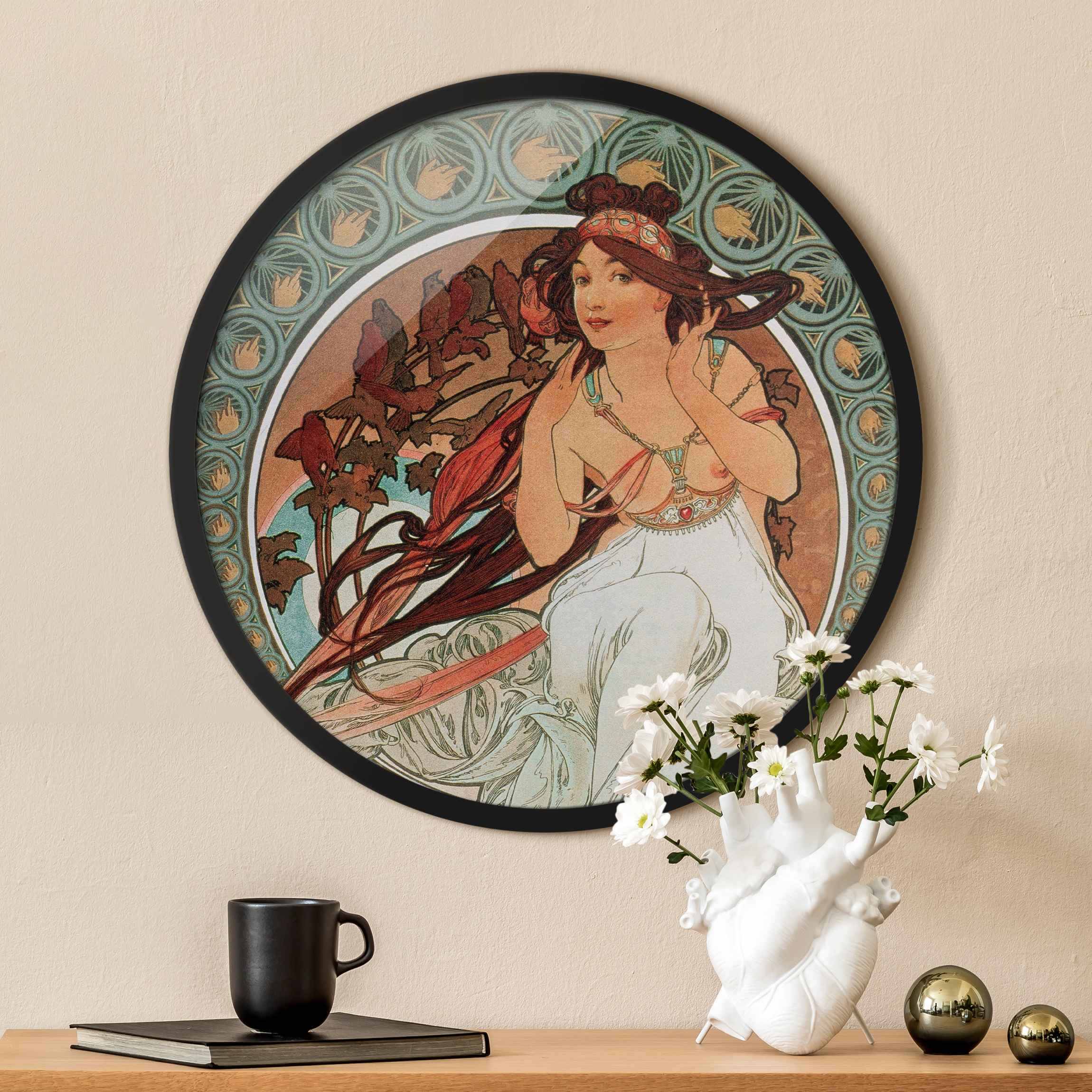 Rundes Gerahmtes Bild Alfons Mucha - Vier Künste - Die Musik