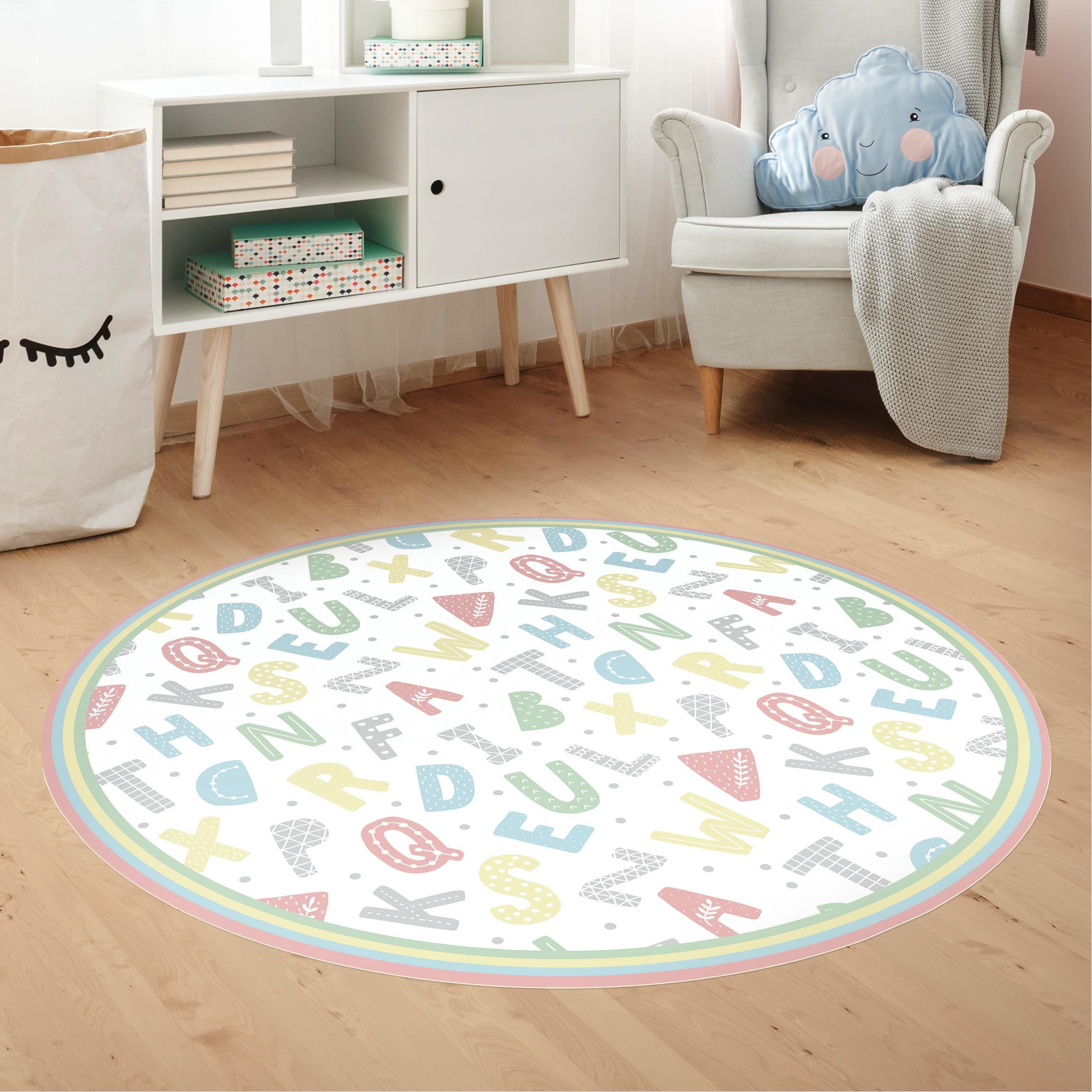 Runder Vinyl-Teppich Alphabet in Pastellfarben mit Rahmen