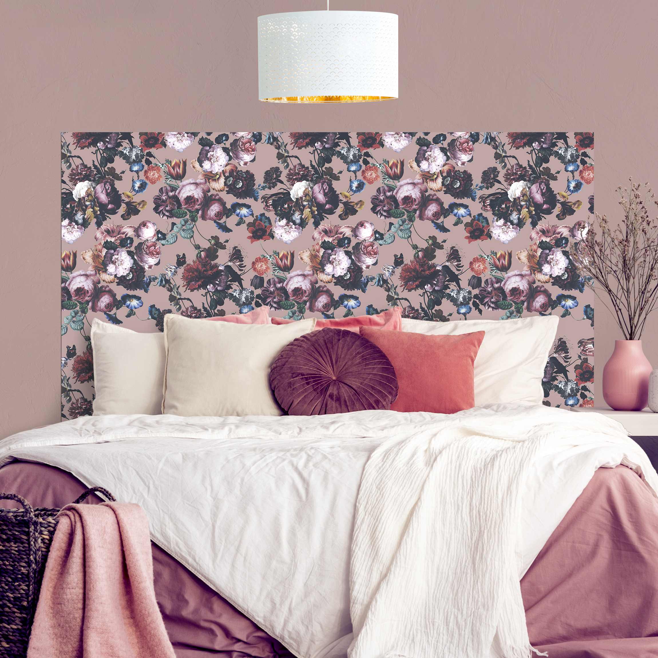 Kopfteil Bett Altmeisterliche Blüten mit Tulpen und Rosen auf Beige