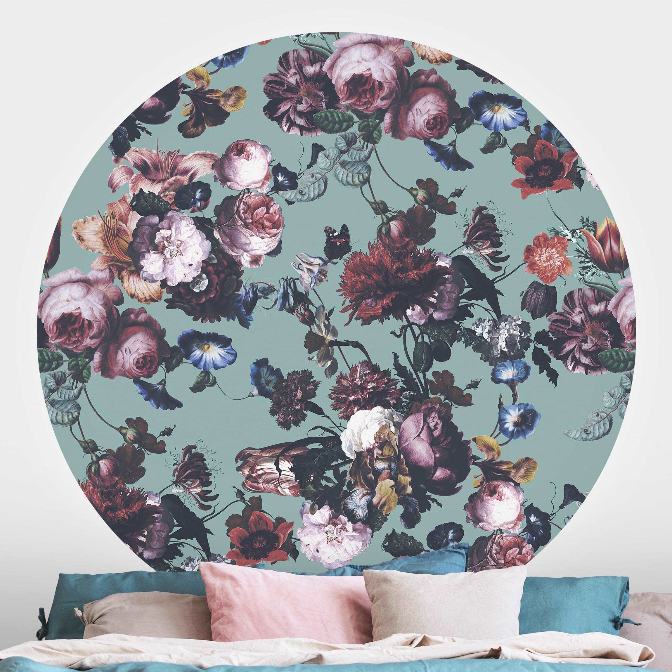 Runde Fototapete Altmeisterliche Blüten mit Tulpen und Rosen auf Blau