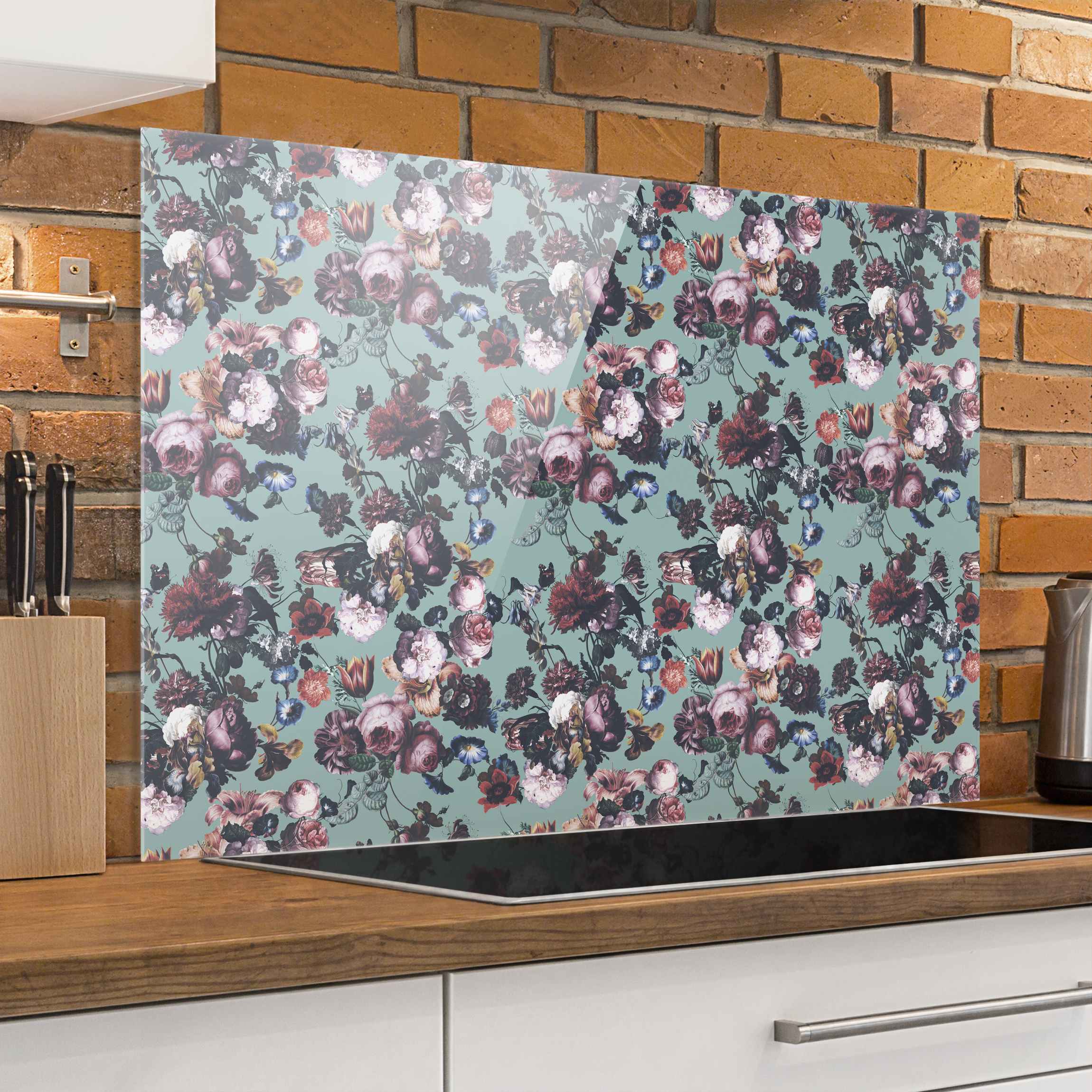 Spritzschutz Altmeisterliche Blüten mit Tulpen und Rosen auf Blau