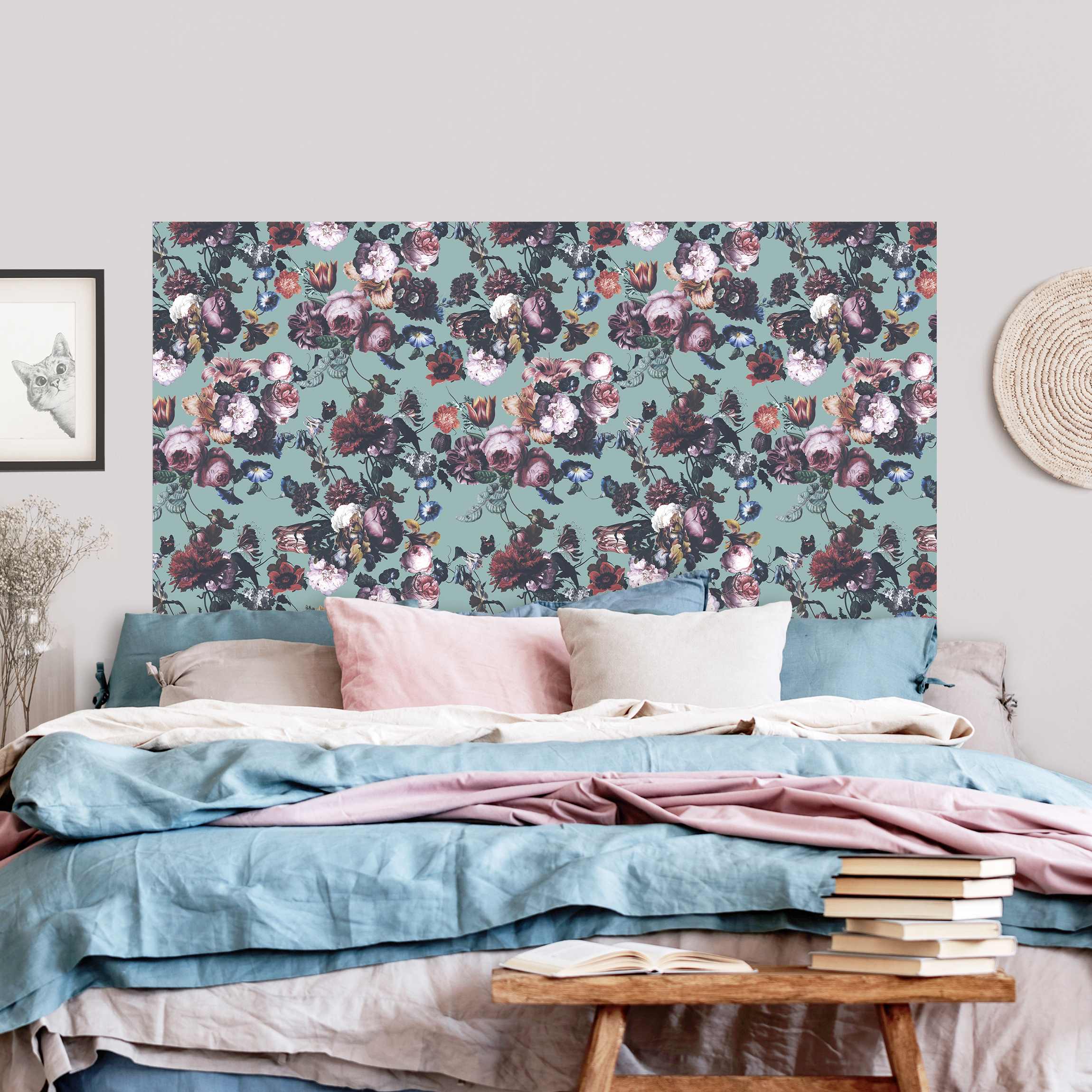 Kopfteil Bett Altmeisterliche Blüten mit Tulpen und Rosen auf Blau
