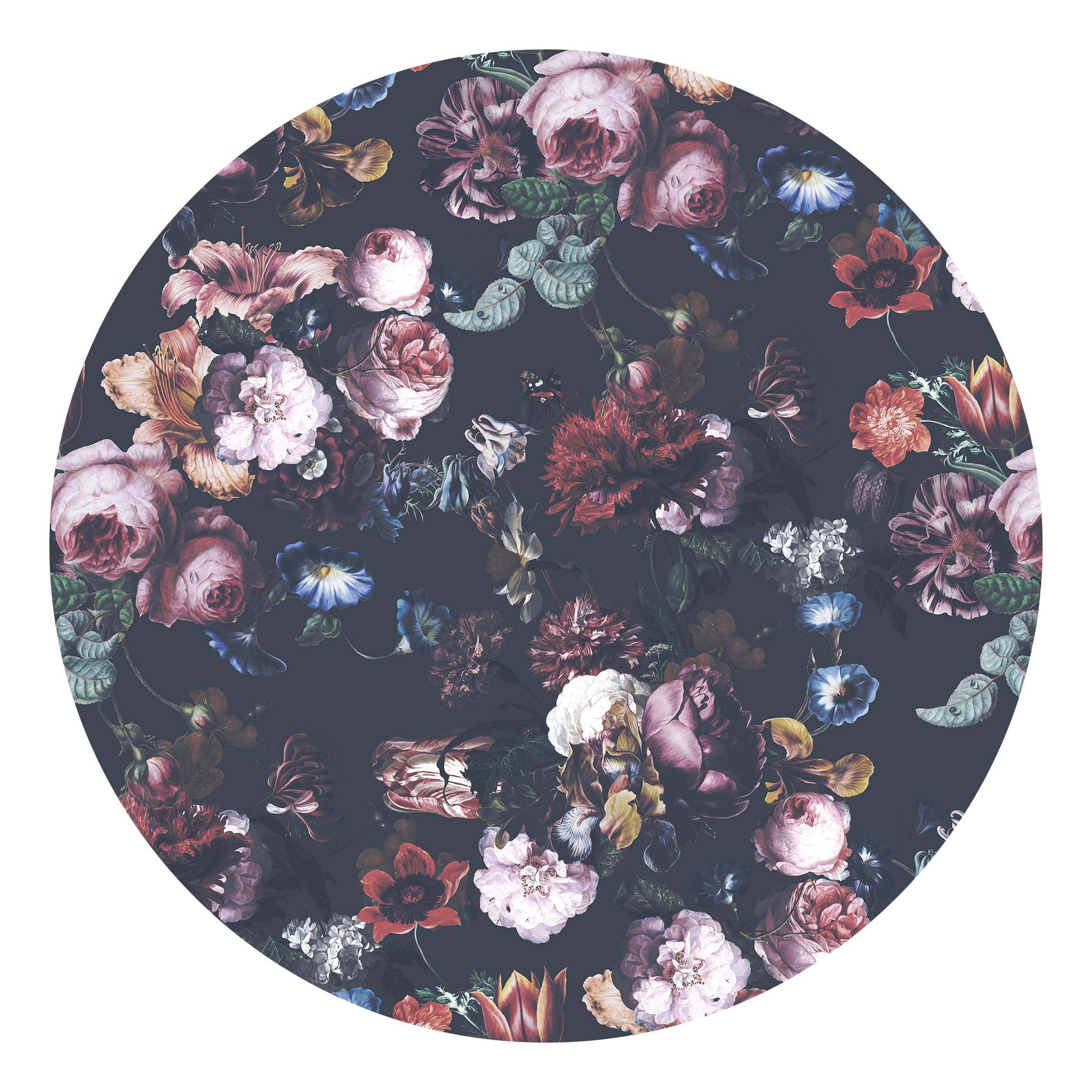Runde Fototapete Altmeisterliche Blüten mit Tulpen und Rosen auf Dunkelgrau
