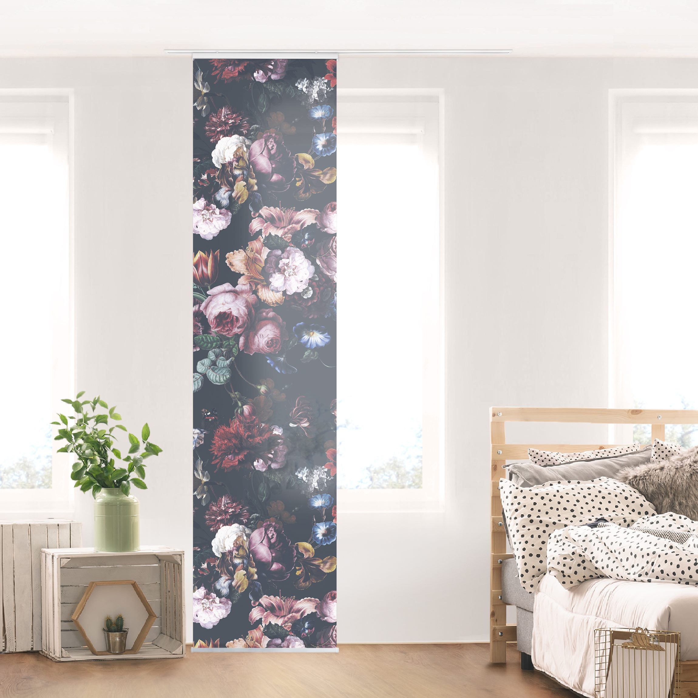 Schiebegardine Altmeisterliche Blüten mit Tulpen und Rosen auf Dunkelgrau