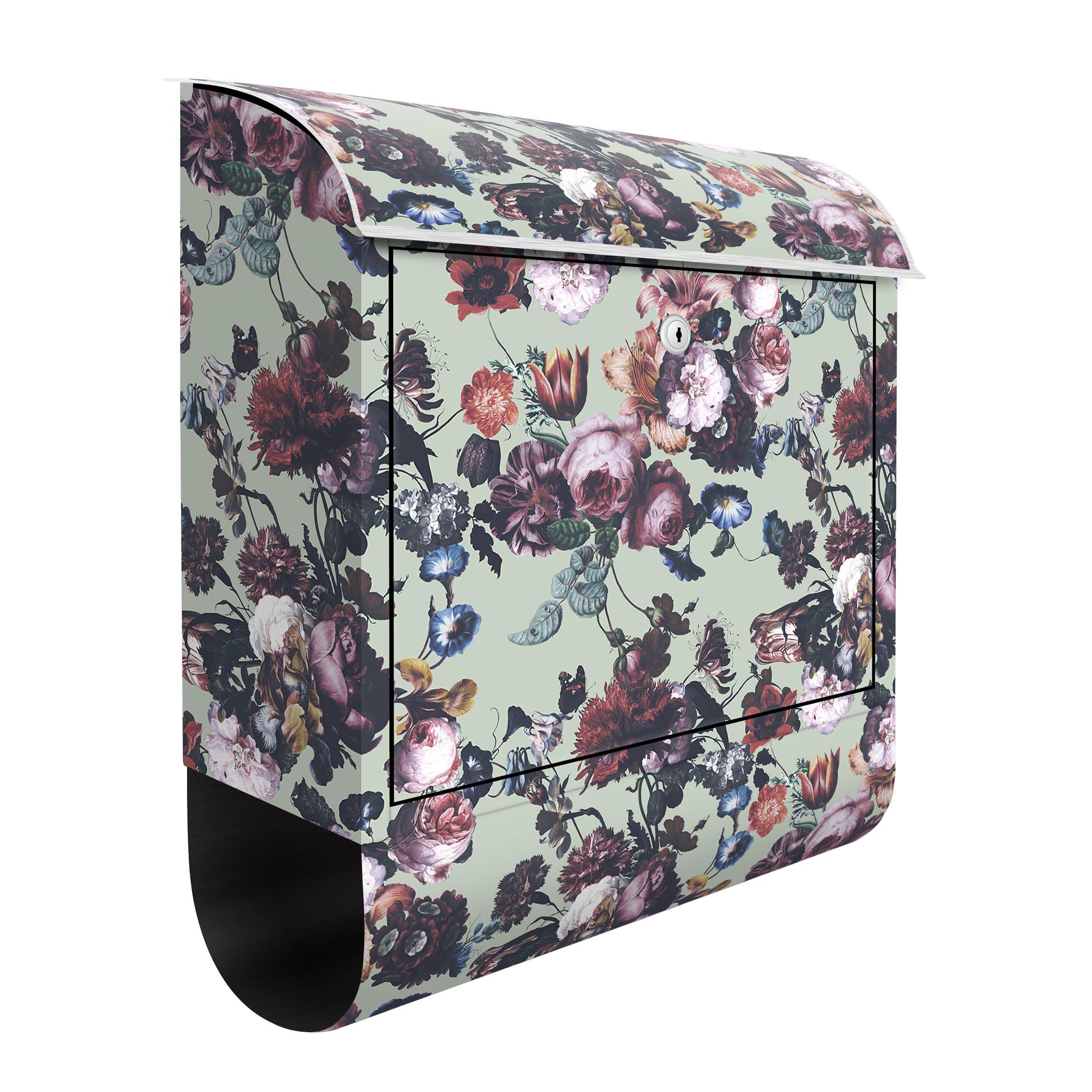 Briefkasten Altmeisterliche Blüten mit Tulpen und Rosen auf Grün