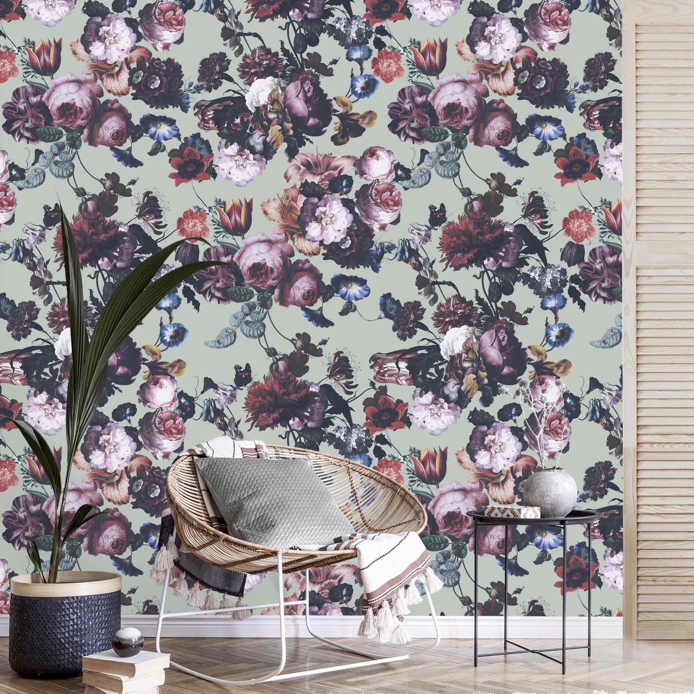 Fototapete Altmeisterliche Blüten mit Tulpen und Rosen auf Grün