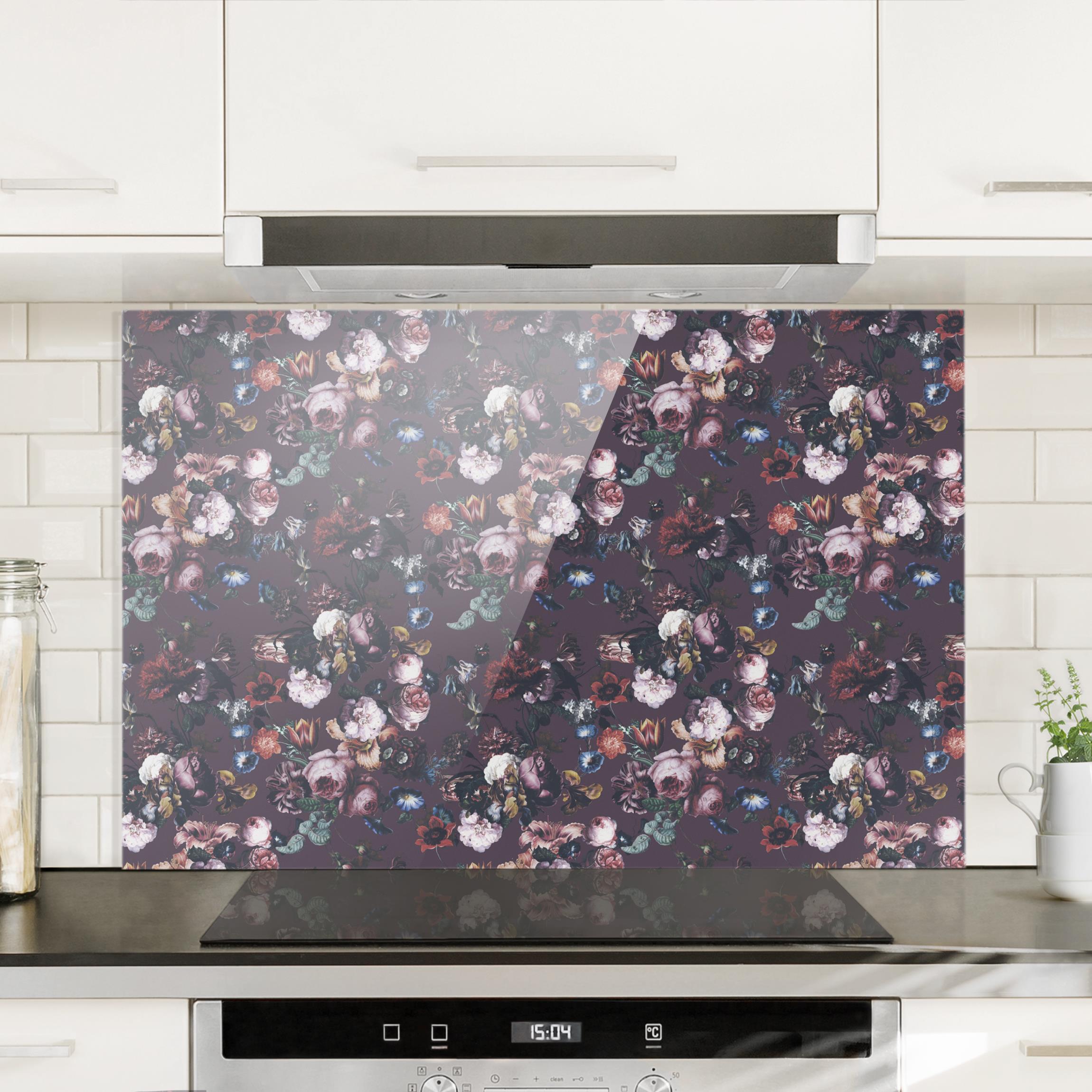 Spritzschutz Altmeisterliche Blüten mit Tulpen und Rosen auf Lila