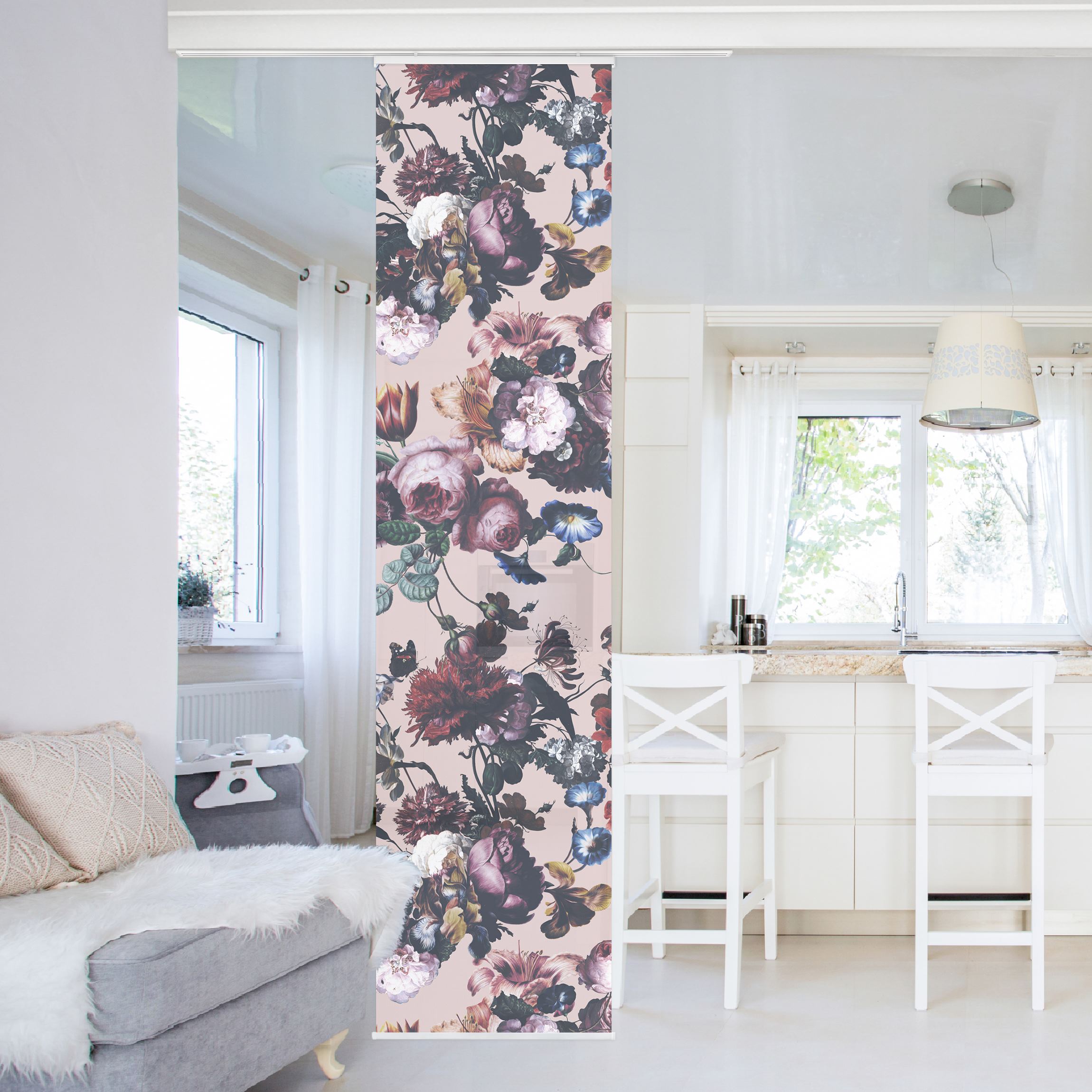 Schiebegardine Altmeisterliche Blüten mit Tulpen und Rosen auf Rosa
