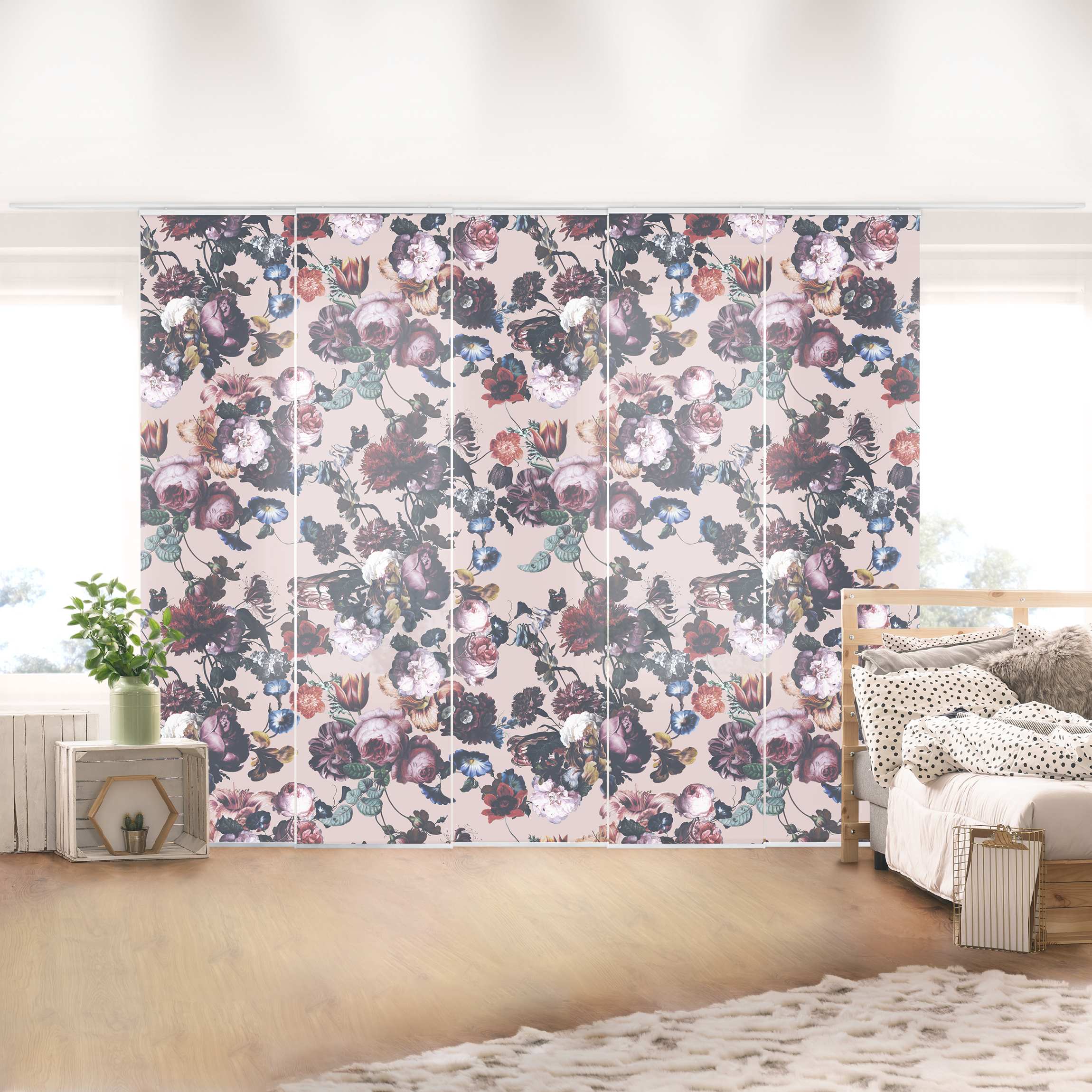 Schiebegardine Altmeisterliche Blüten mit Tulpen und Rosen auf Rosa