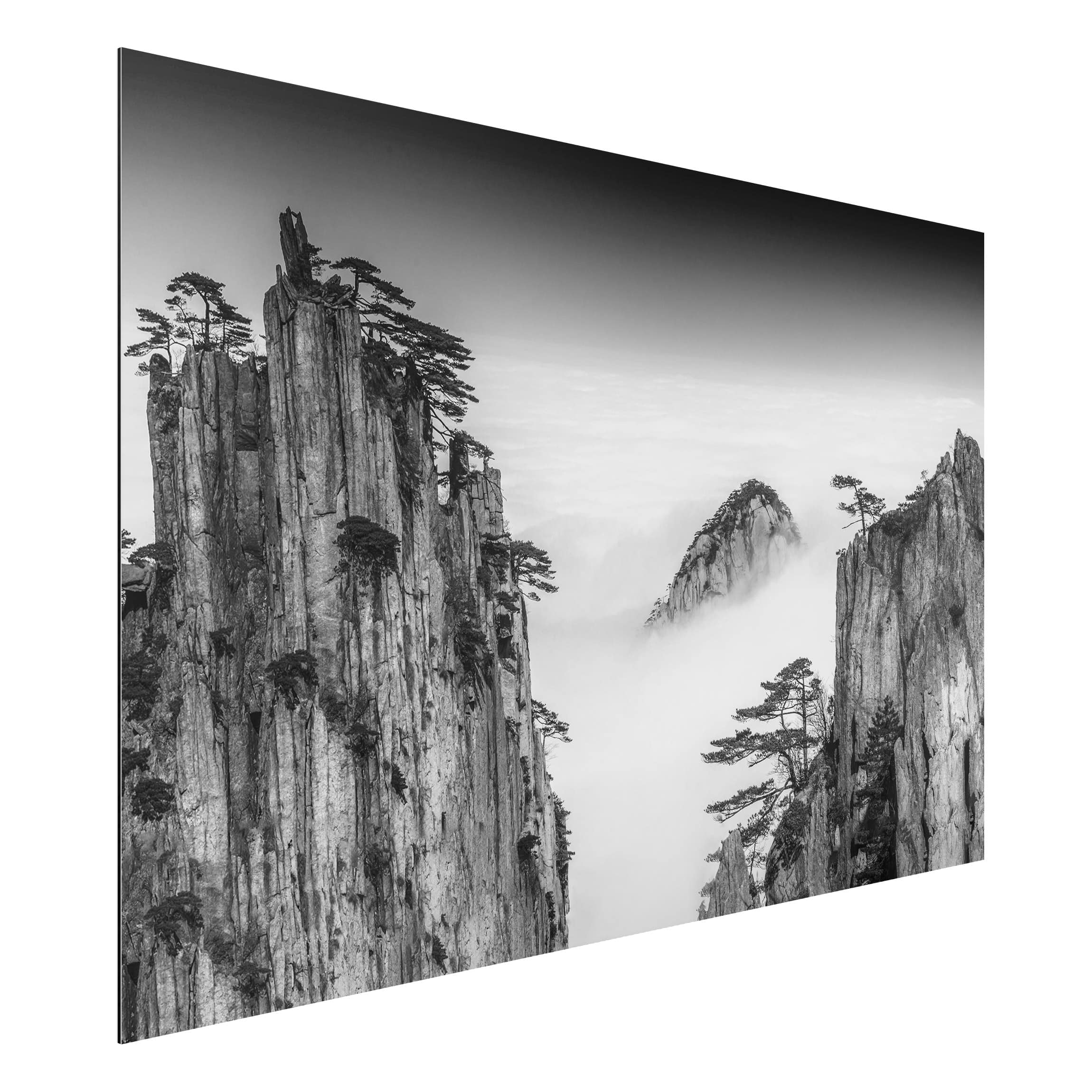 Alu-Dibond Schwarz-Weiß Felsen im Nebel schwarz-weiß