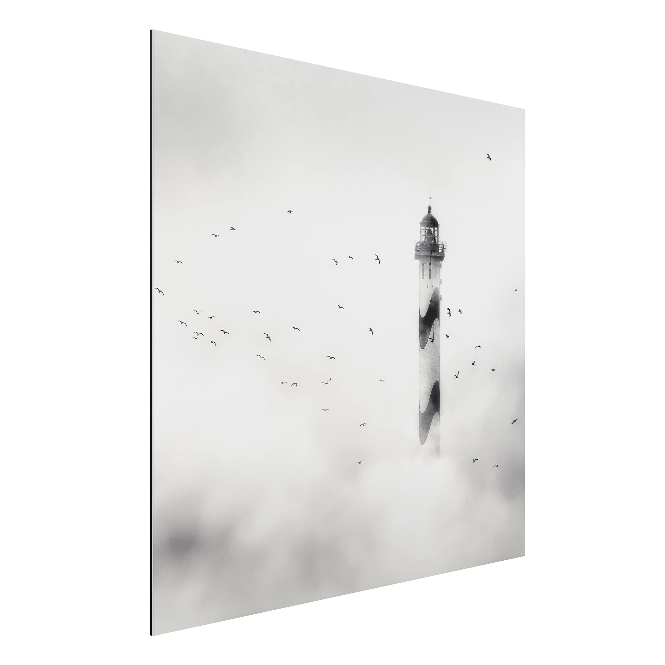 Alu-Dibond Outdoor Bild Leuchtturm im Nebel