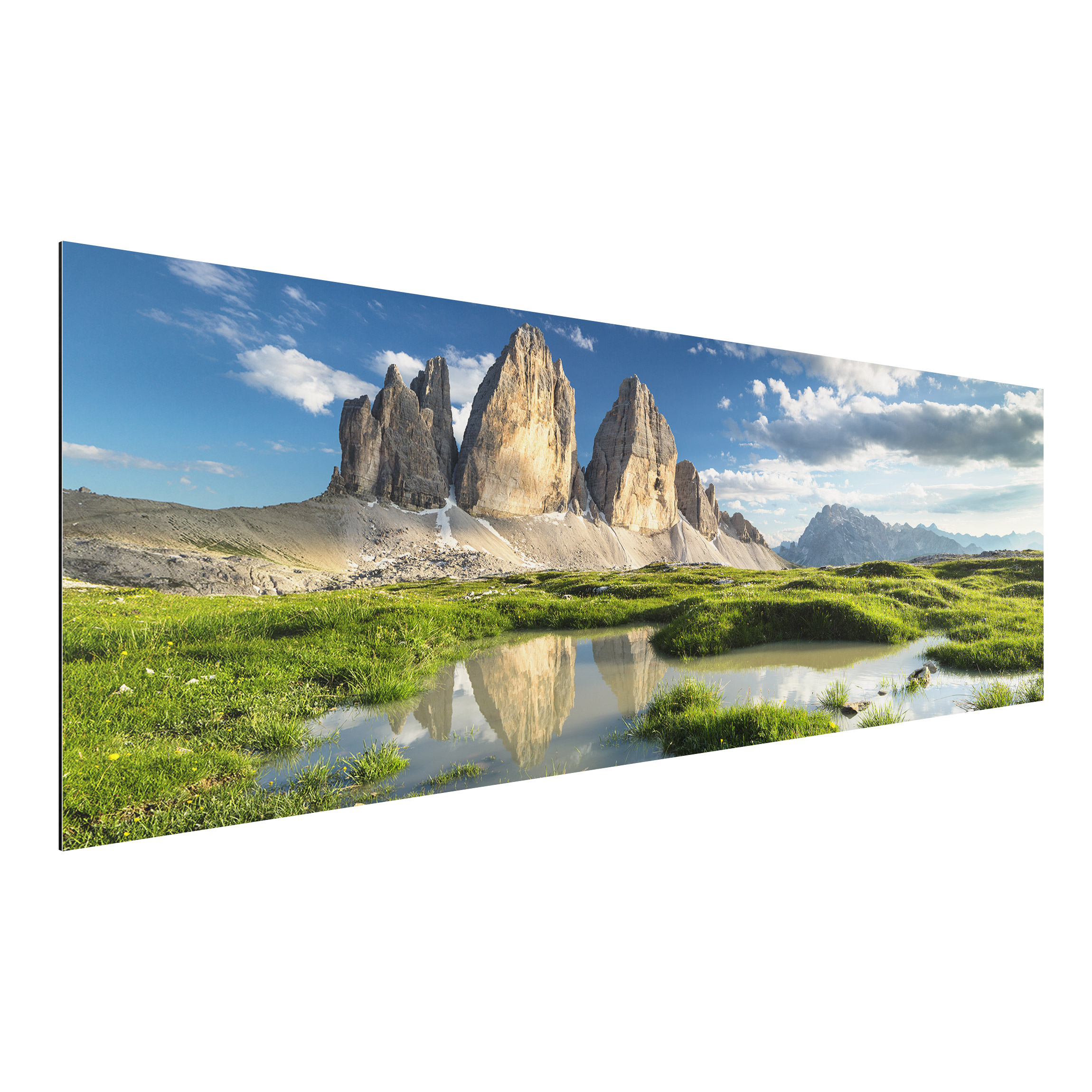 Alu-Dibond Outdoor Bild Südtiroler Zinnen und Wasserspiegelung