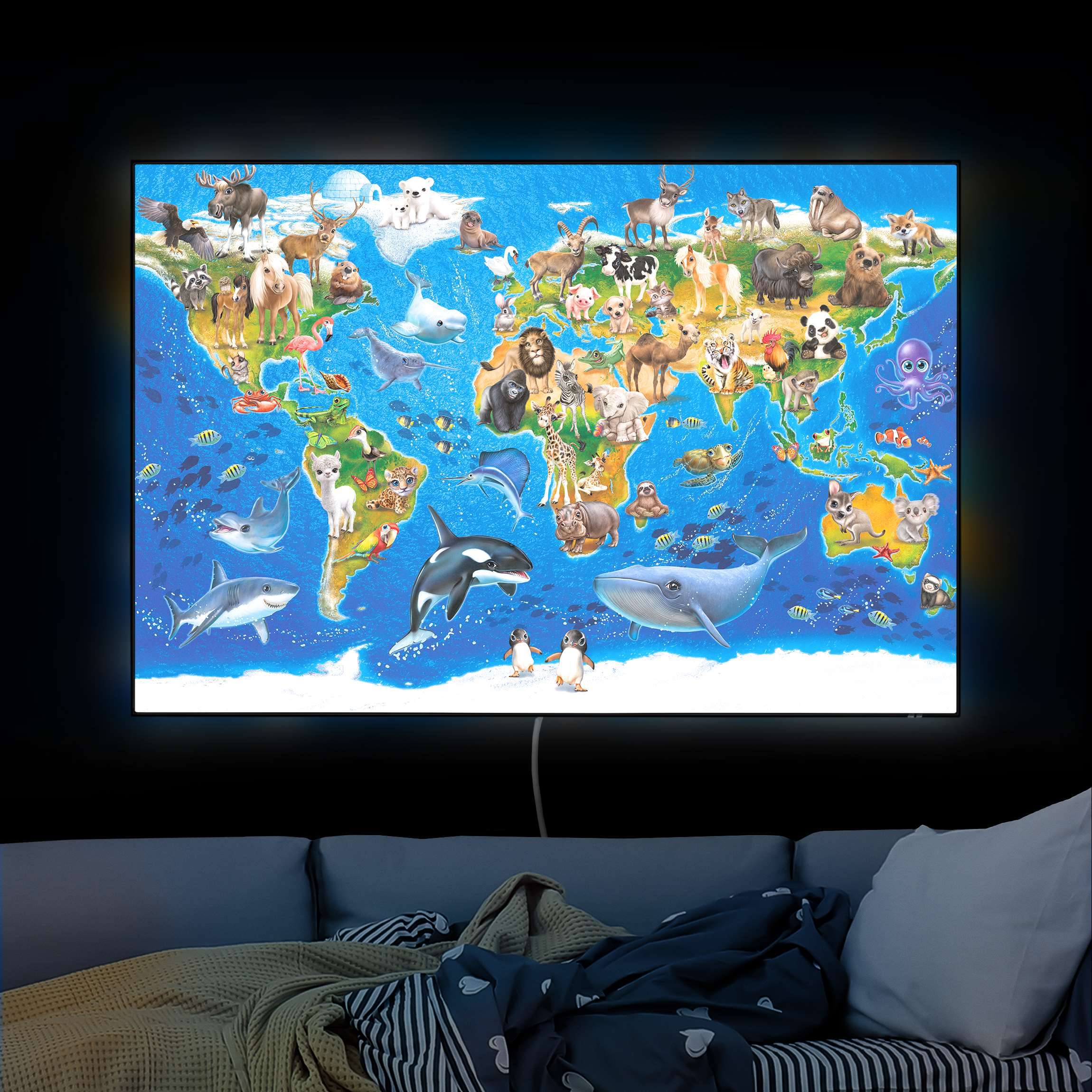 LED-Wechselbild Animal Club International - Weltkarte mit Tieren