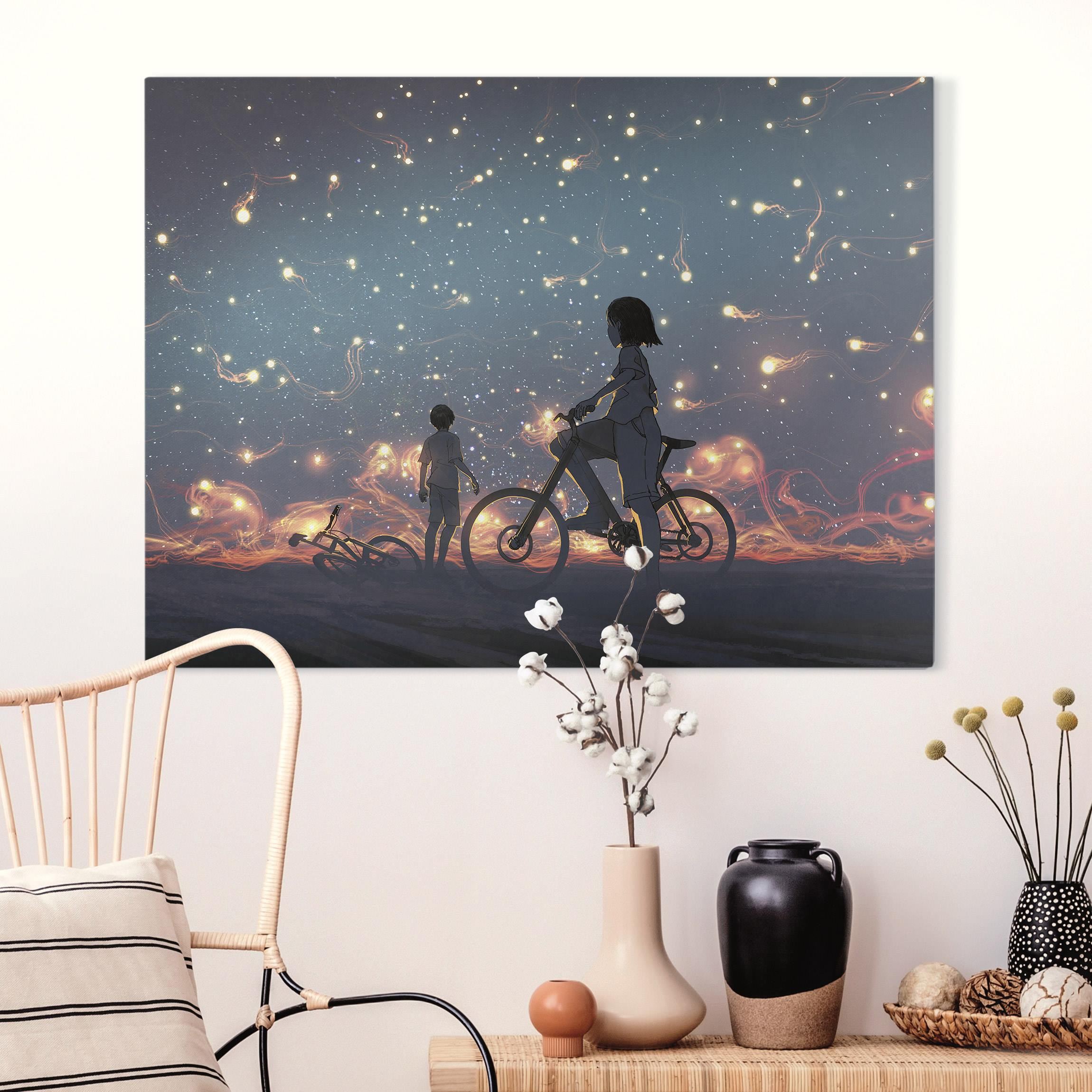 Leinwandbild Anime Zeichnung Lichter auf dem Fahrrad