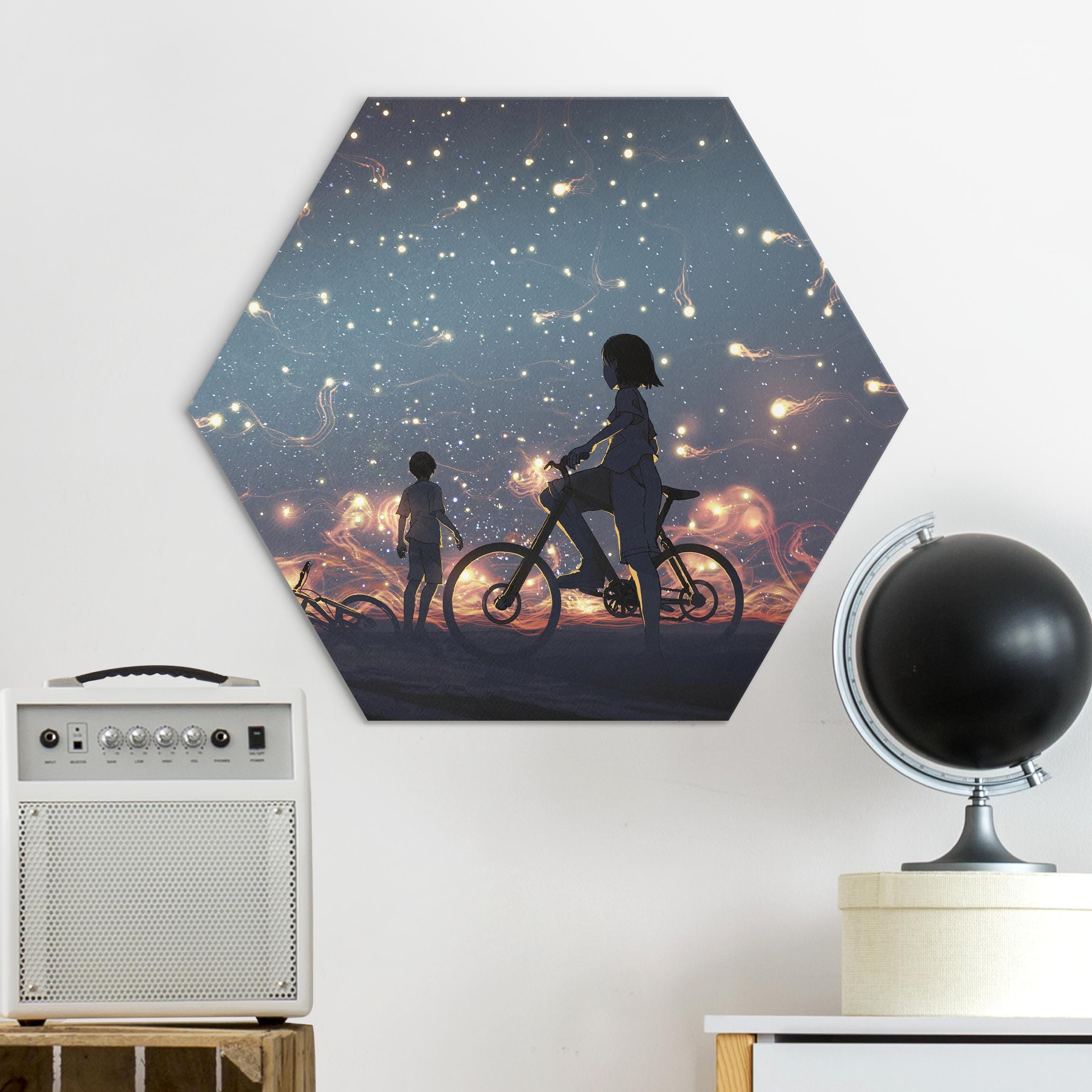 Hexagon-Alu-Dibond Bild Anime Zeichnung Lichter auf dem Fahrrad