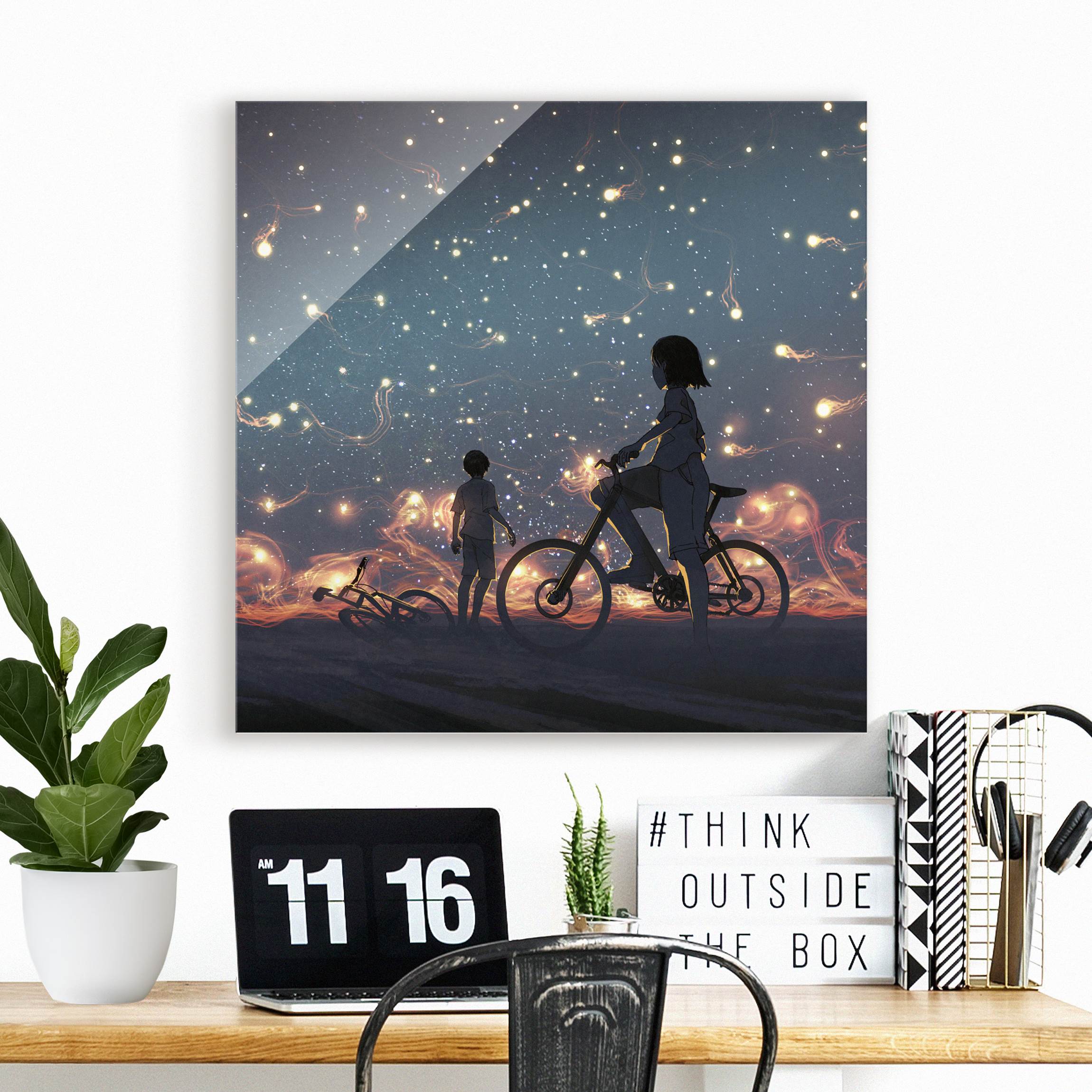 Glasbild Anime Zeichnung Lichter auf dem Fahrrad