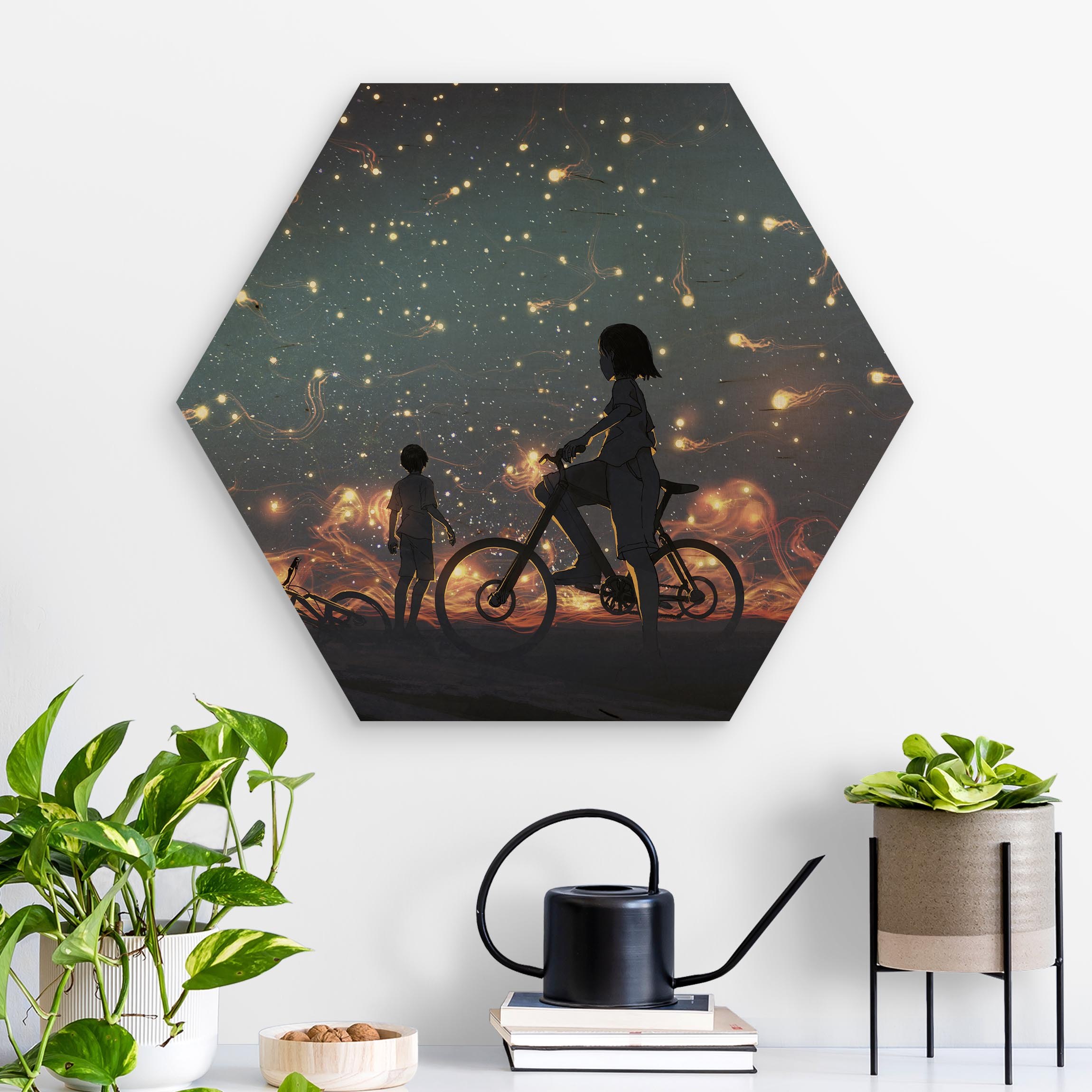Hexagon-Holzbild Anime Zeichnung Lichter auf dem Fahrrad