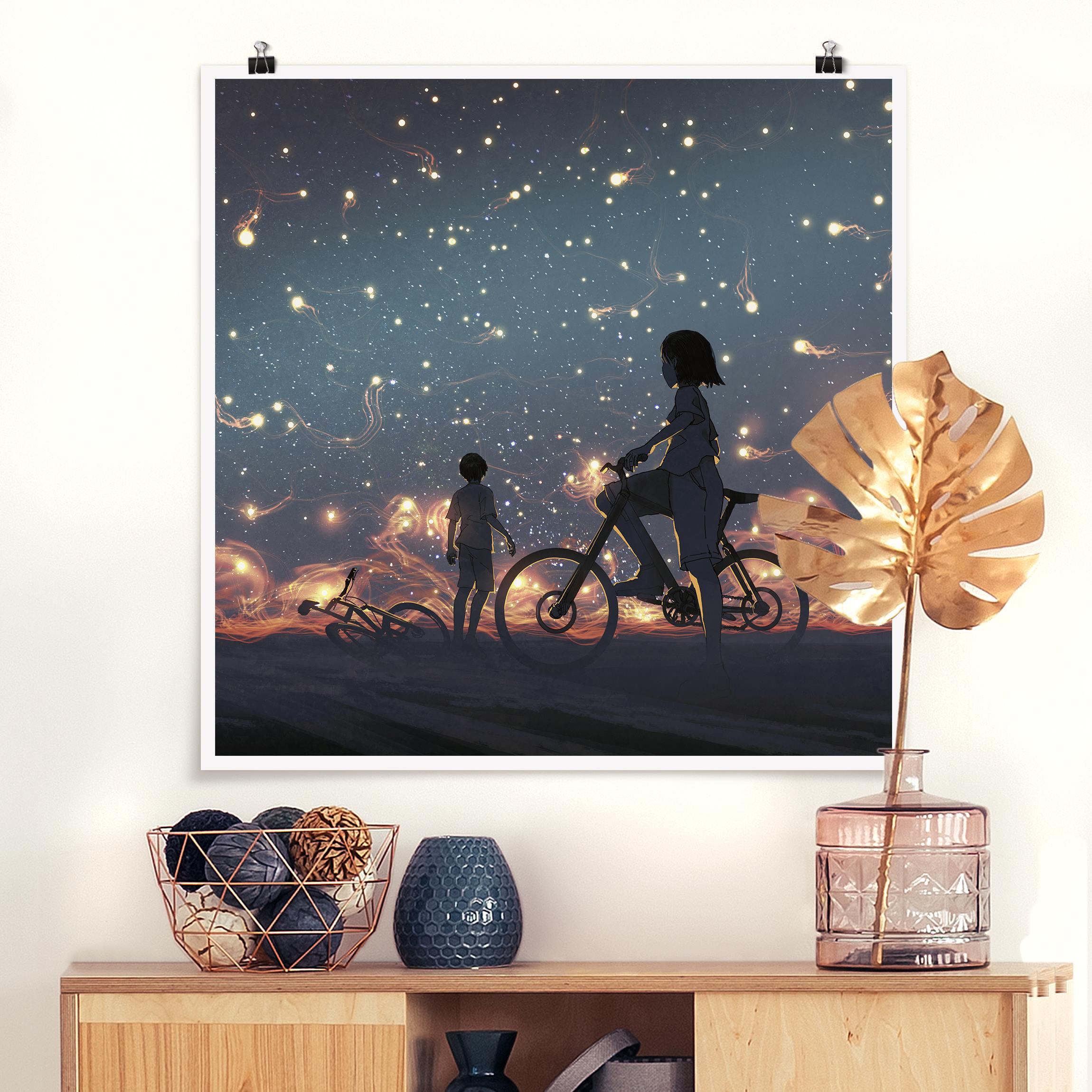 Poster Anime Zeichnung Lichter auf dem Fahrrad