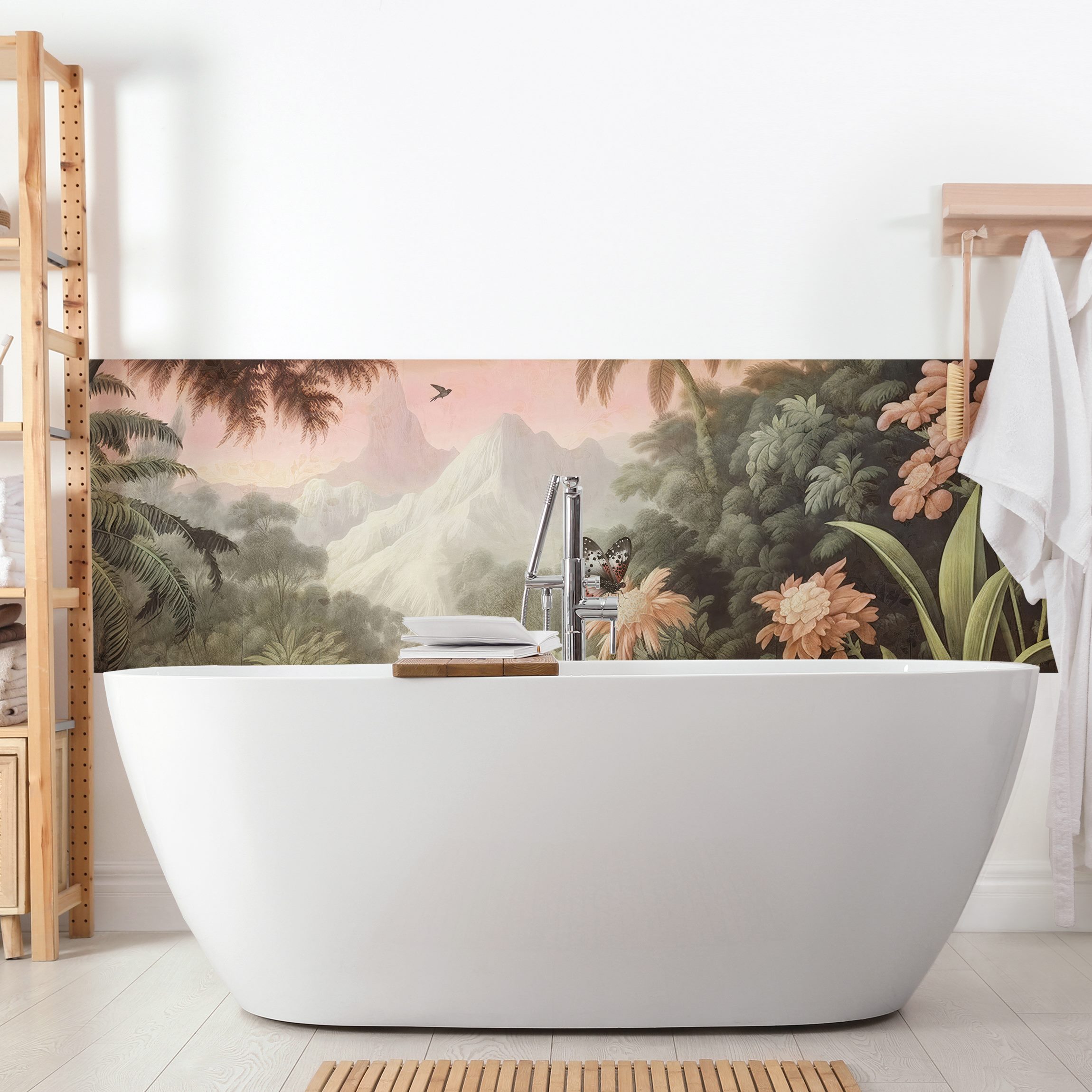 Wandverkleidung Bad Antiker Dschungel mit rosa Blüten