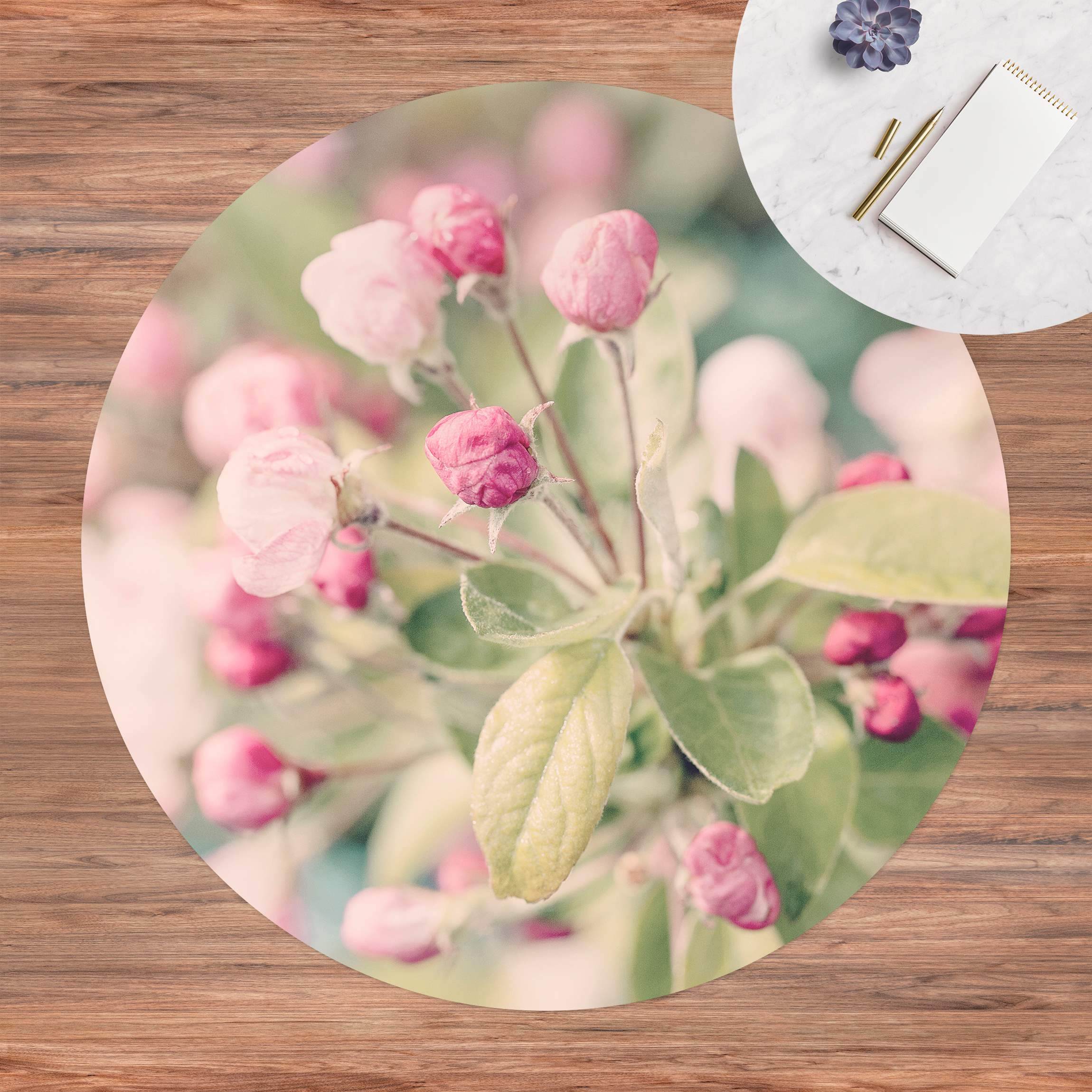 Runder Vinyl-Teppich Apfelblüte Bokeh rosa