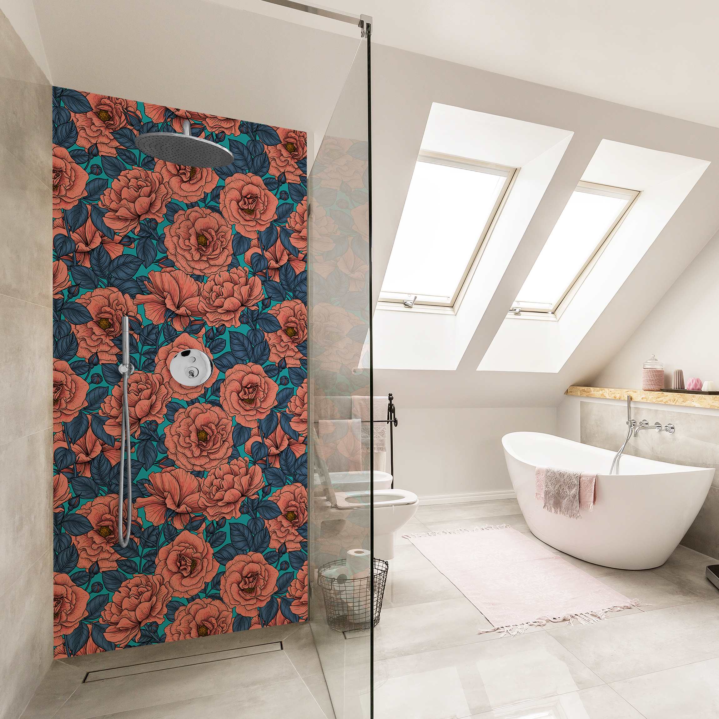 Duschrückwand Apricot Rosen auf Türkis