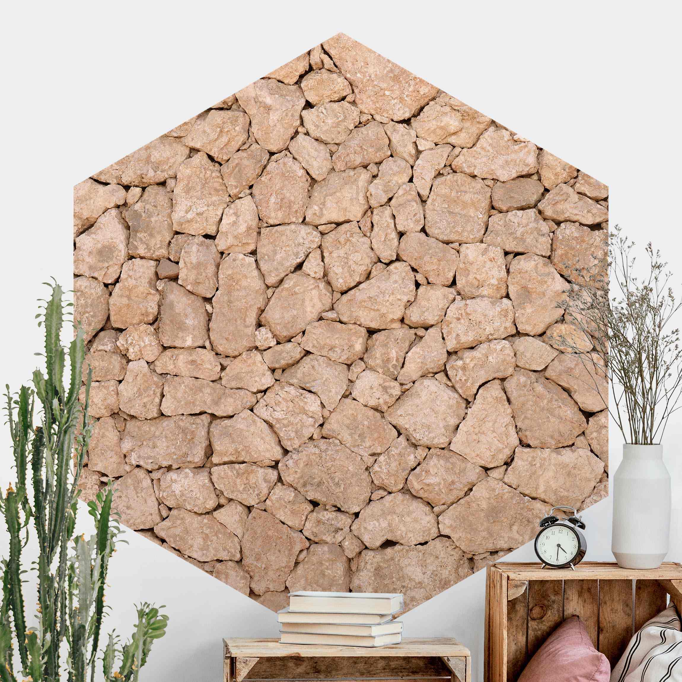 Hexagon Fototapete selbstklebend Apulia Stone Wall - Alte Steinmauer aus großen Steinen