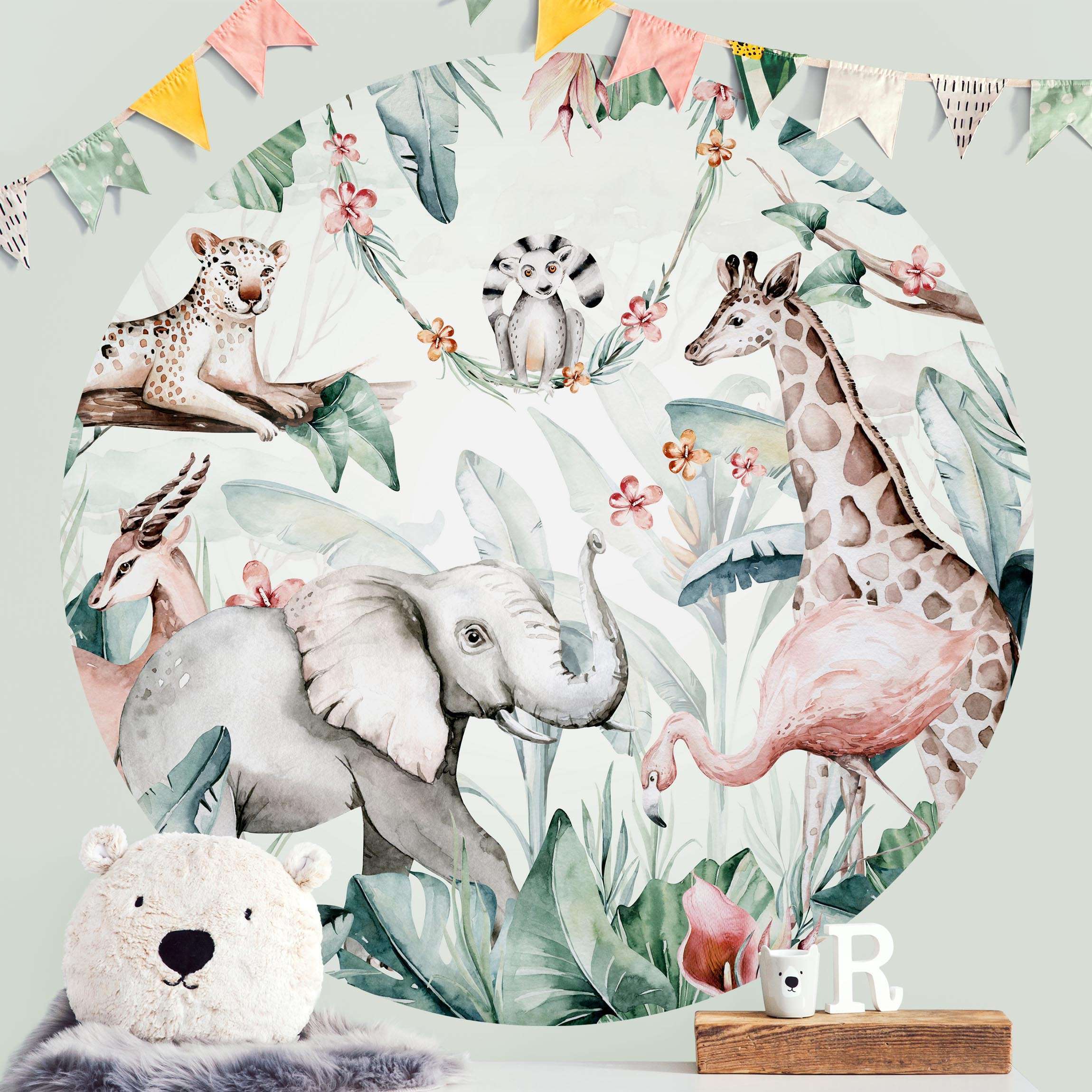 Runde Fototapete Aquarell Afrika Tiere