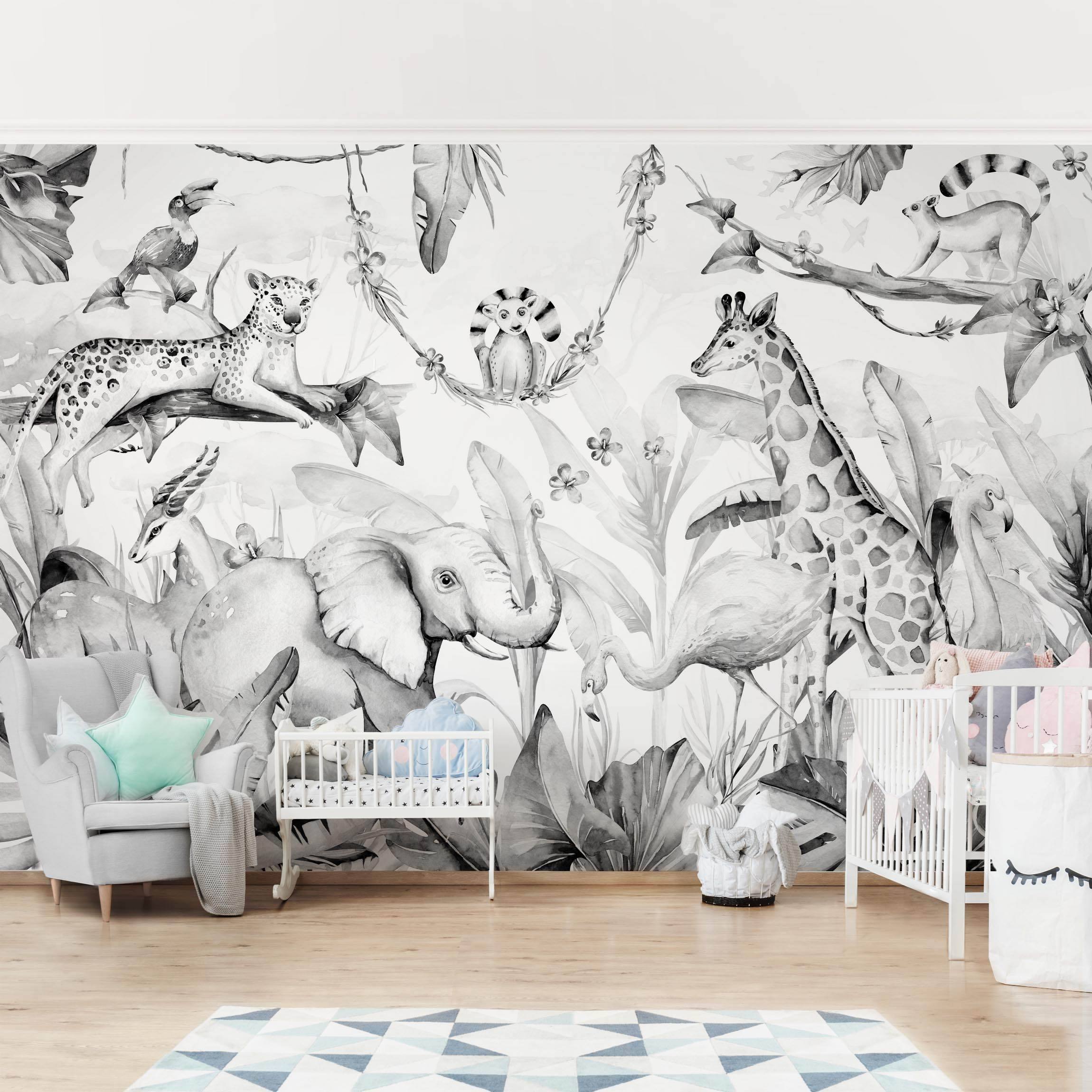 Fototapete Aquarell Afrika Tiere Schwarz Weiß