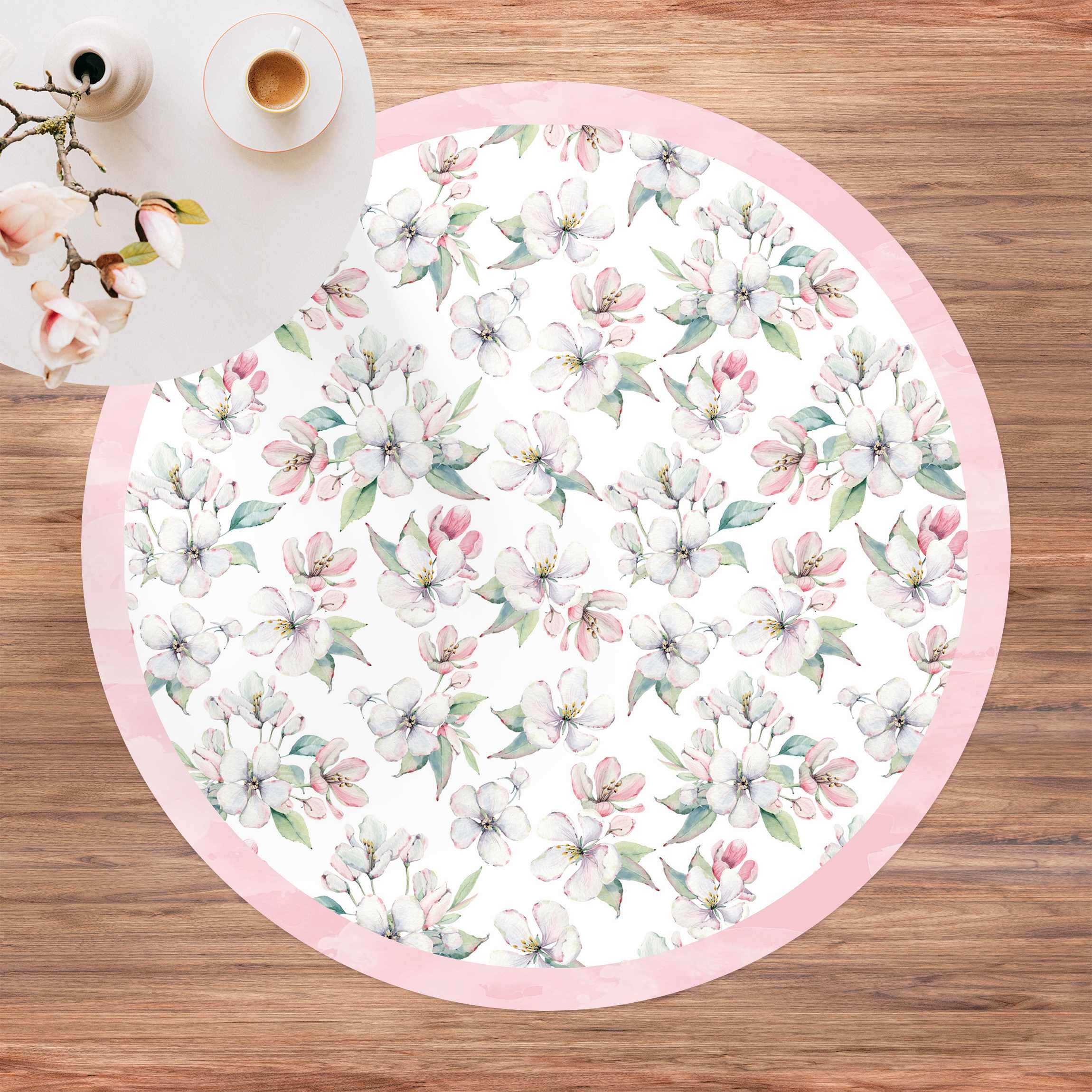 Runder Vinyl-Teppich Aquarell Apfelblüten und Knospen mit Rahmen