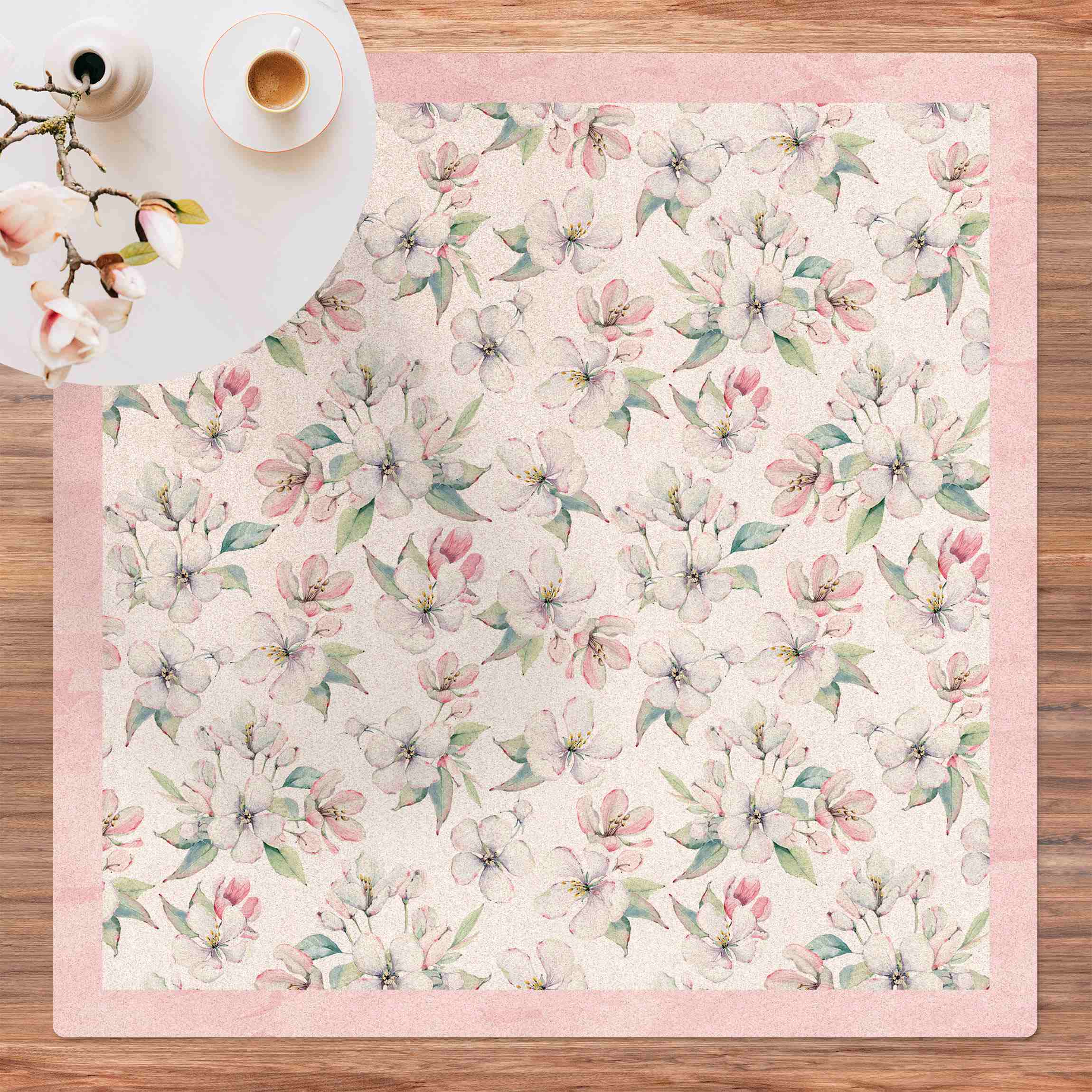 Kork-Teppich Aquarell Apfelblüten und Knospen mit Rahmen