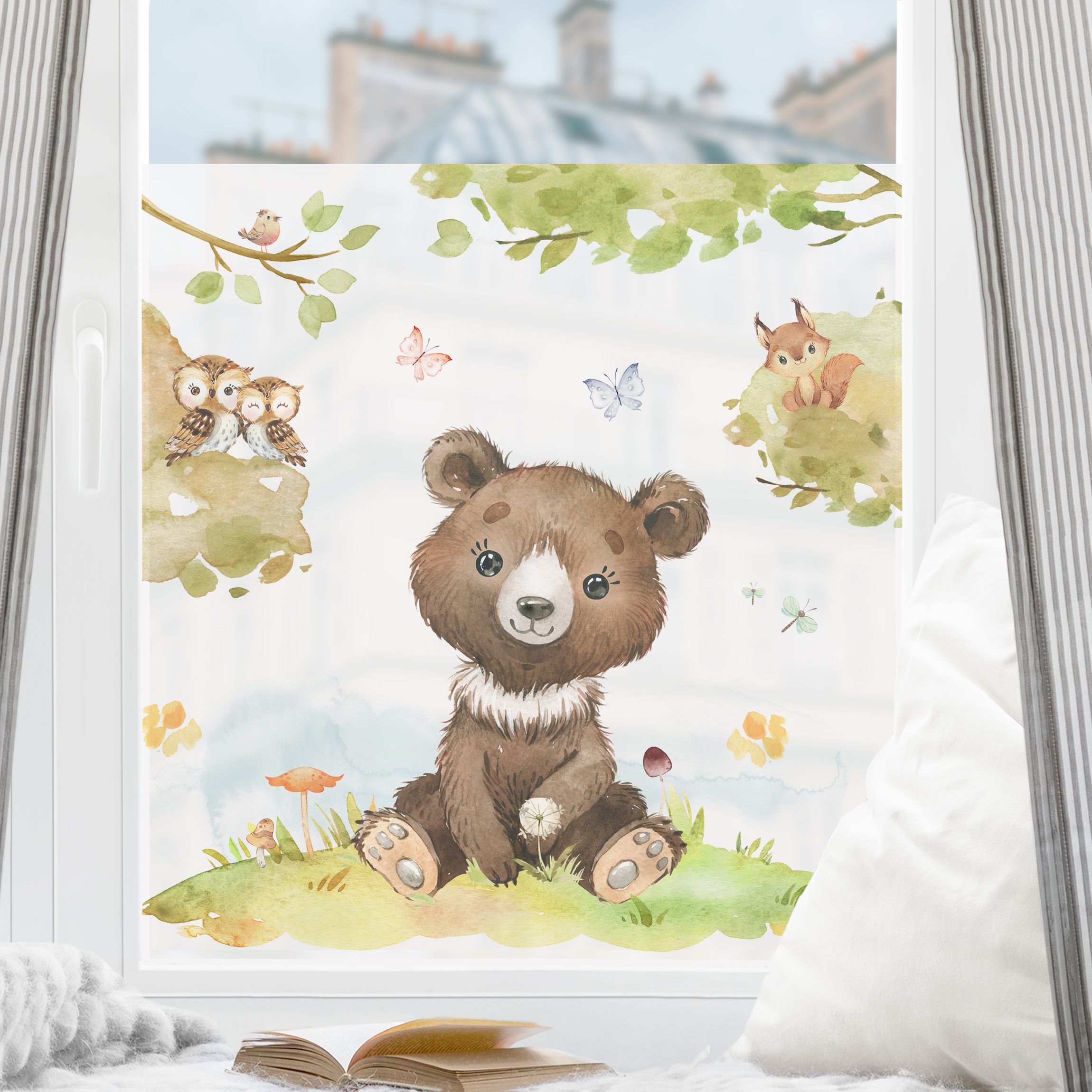 Fensterfolie Aquarell Bär Eule und Eichhörnchen