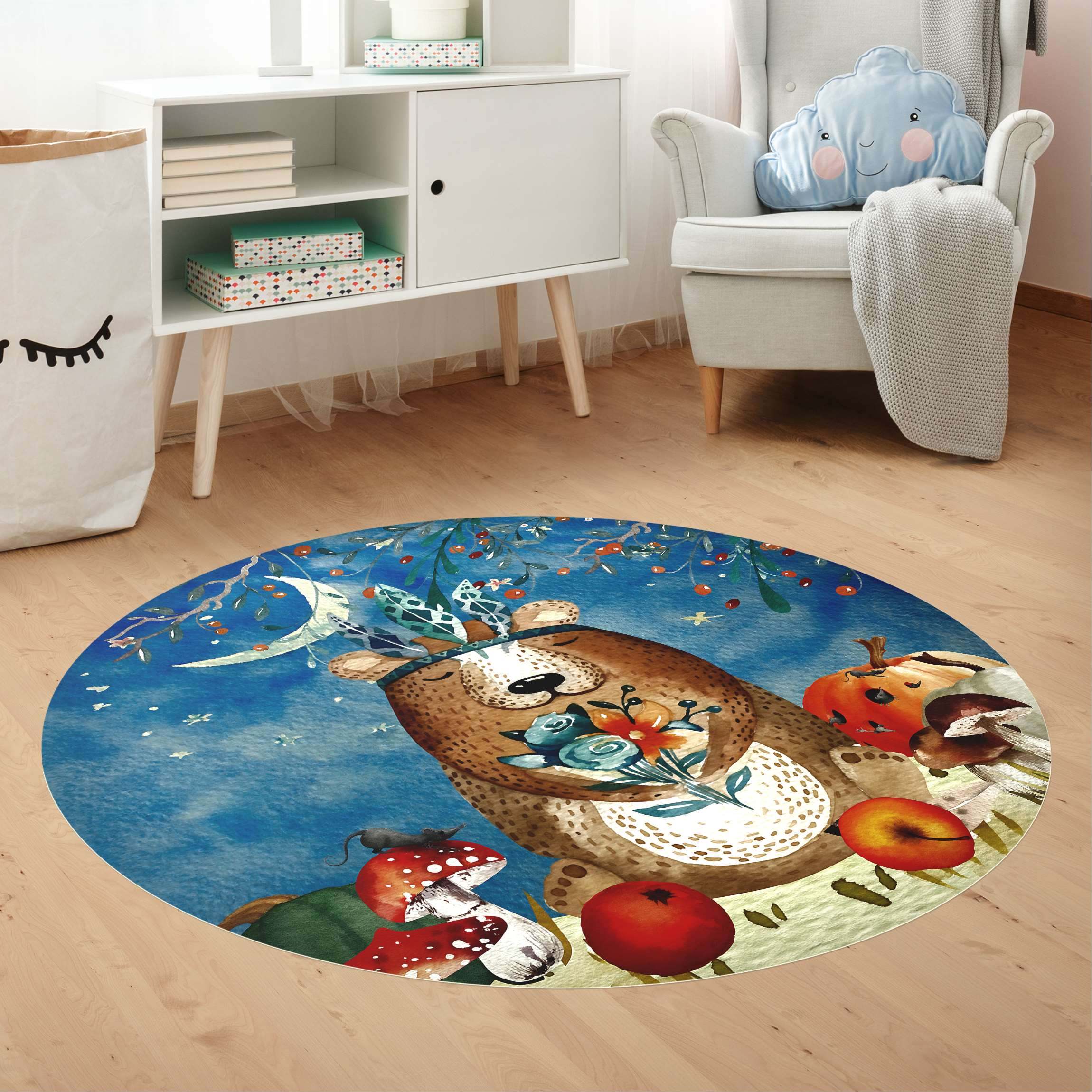 Runder Vinyl-Teppich Aquarell Bär im Mondschein