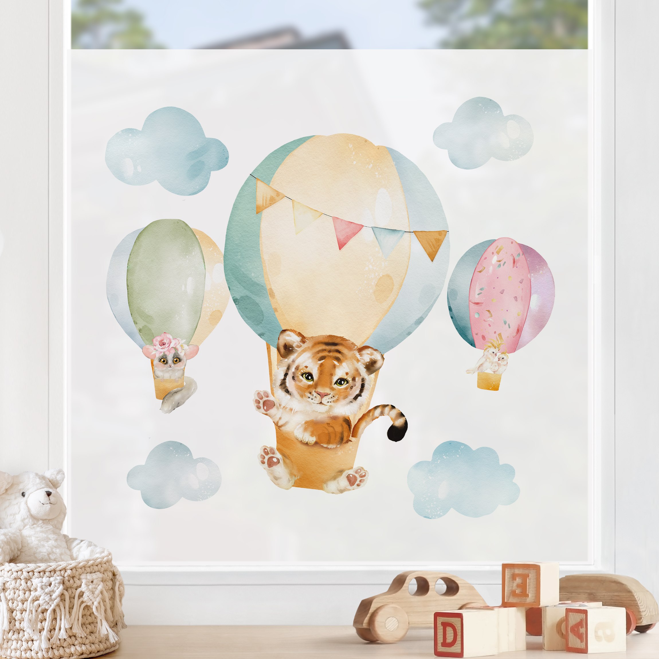 Fensterfolie Aquarell Ballonfahrt - Tiger und Freunde
